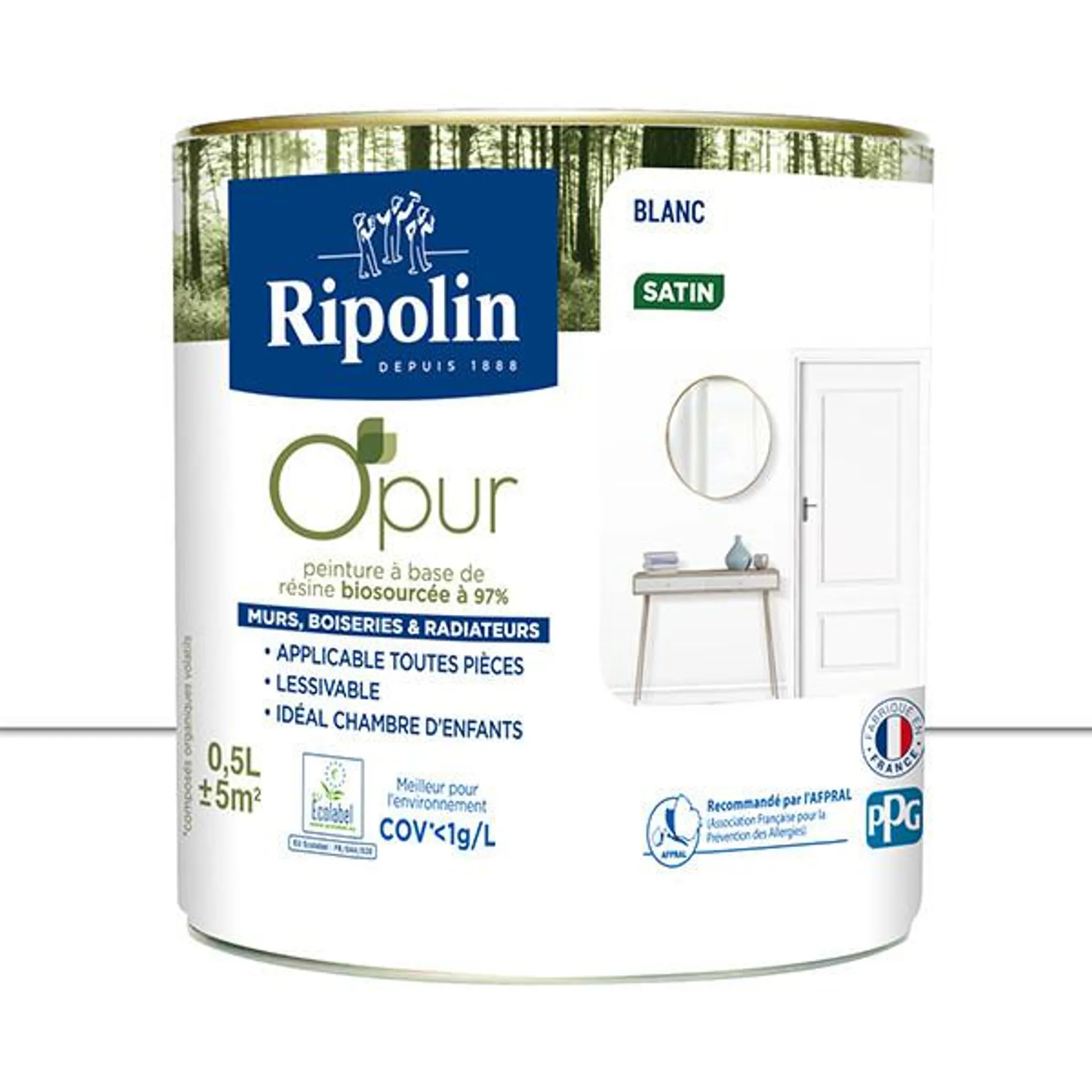 Peinture RIPOLIN Opur bio sourcée multi-supports blanc satin 0,5L