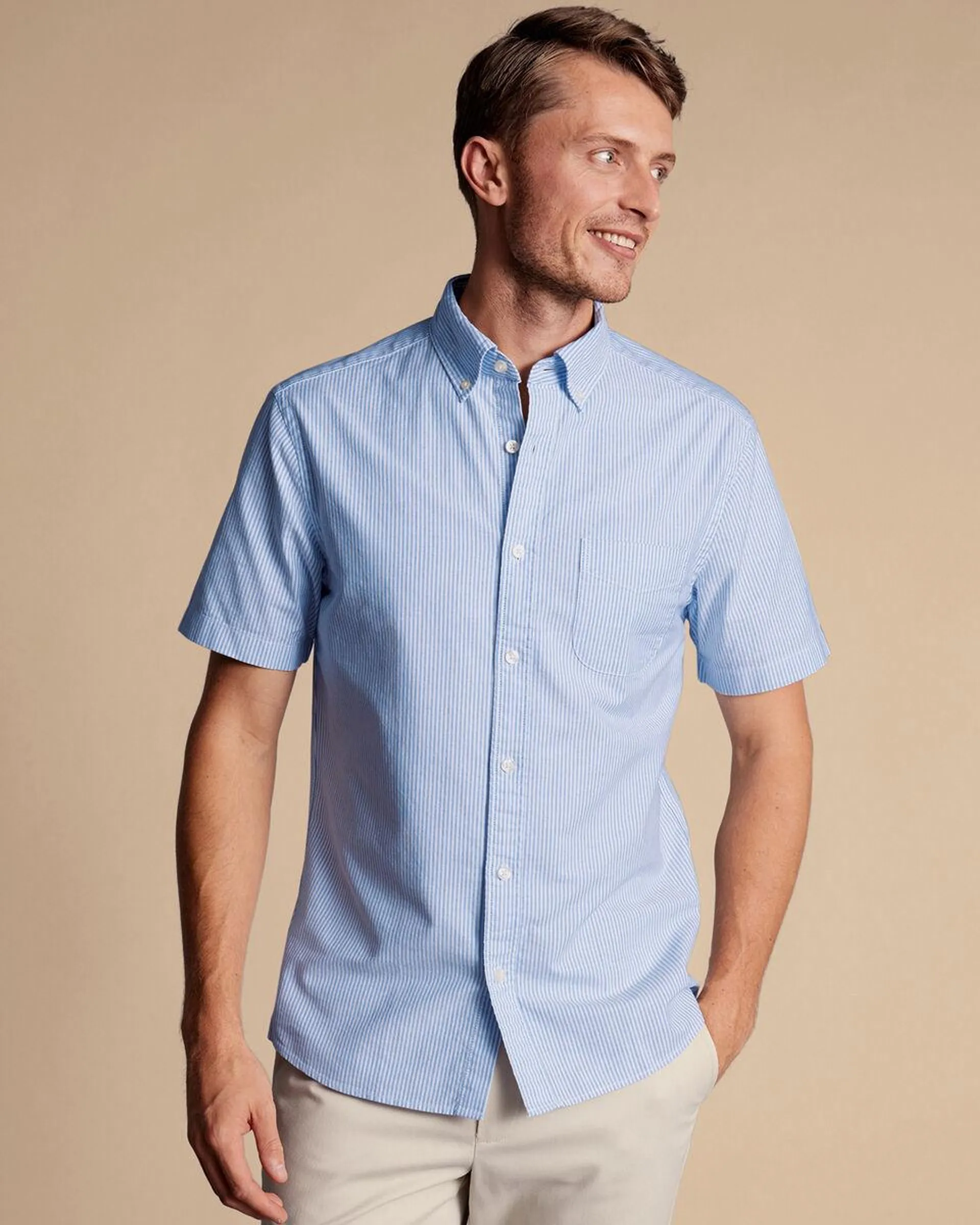 details about product: Button-Down Collar Stretch Washed Oxford Stripe Short Sleeve Shirt - Ocean Blue