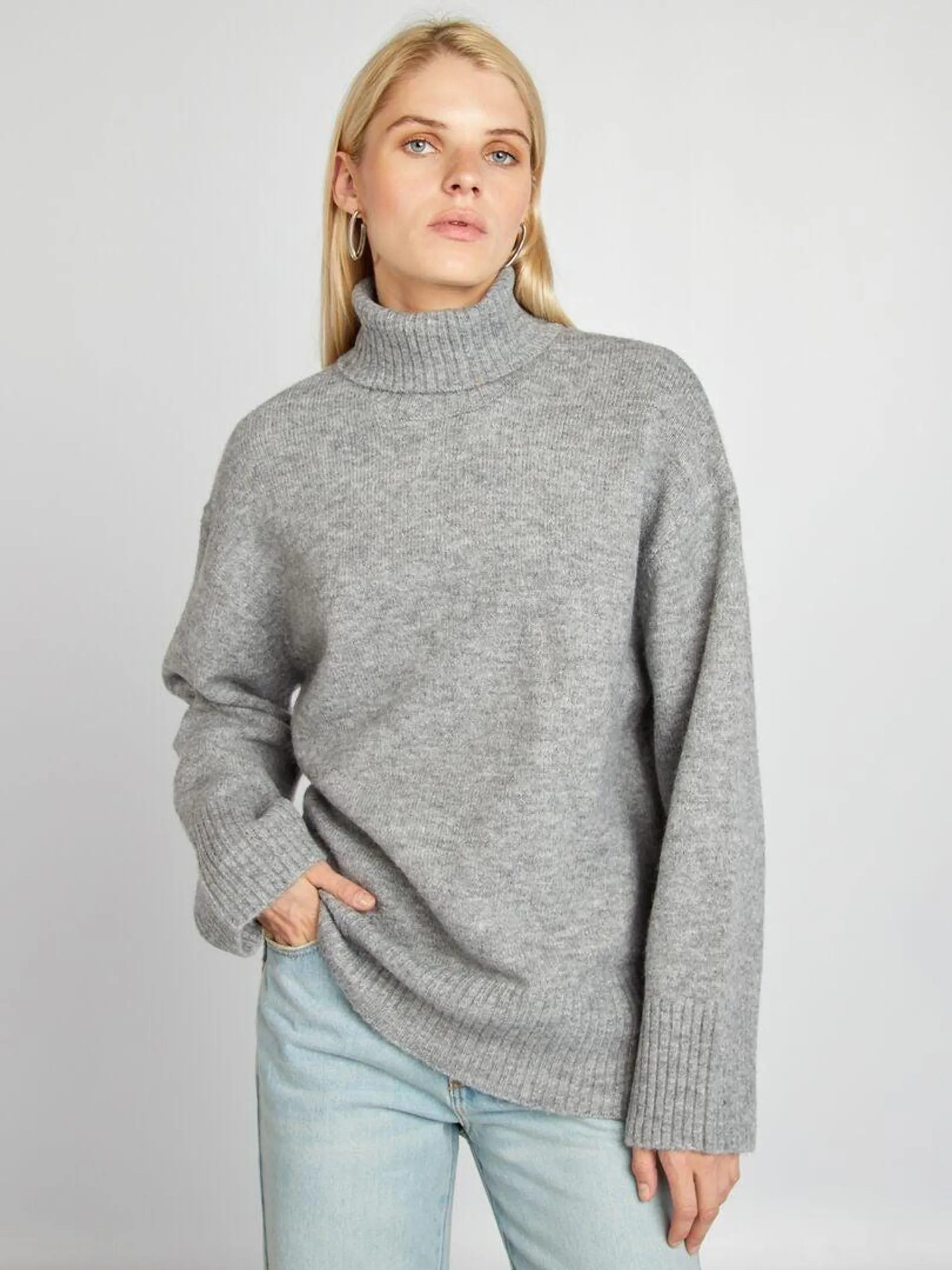 Pull en maille à col montant - Gris