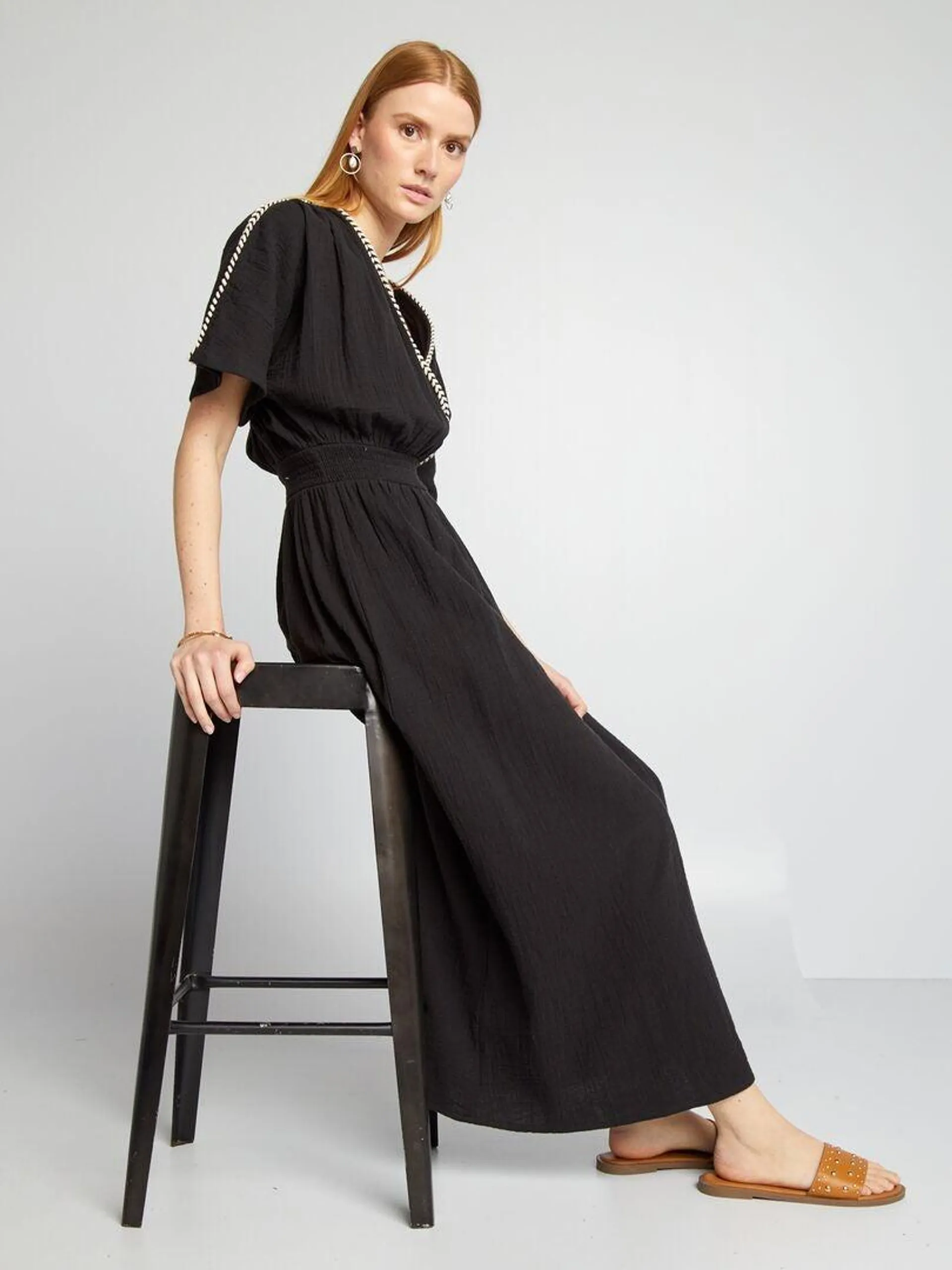 Robe longue en gaze de coton tressée - noir