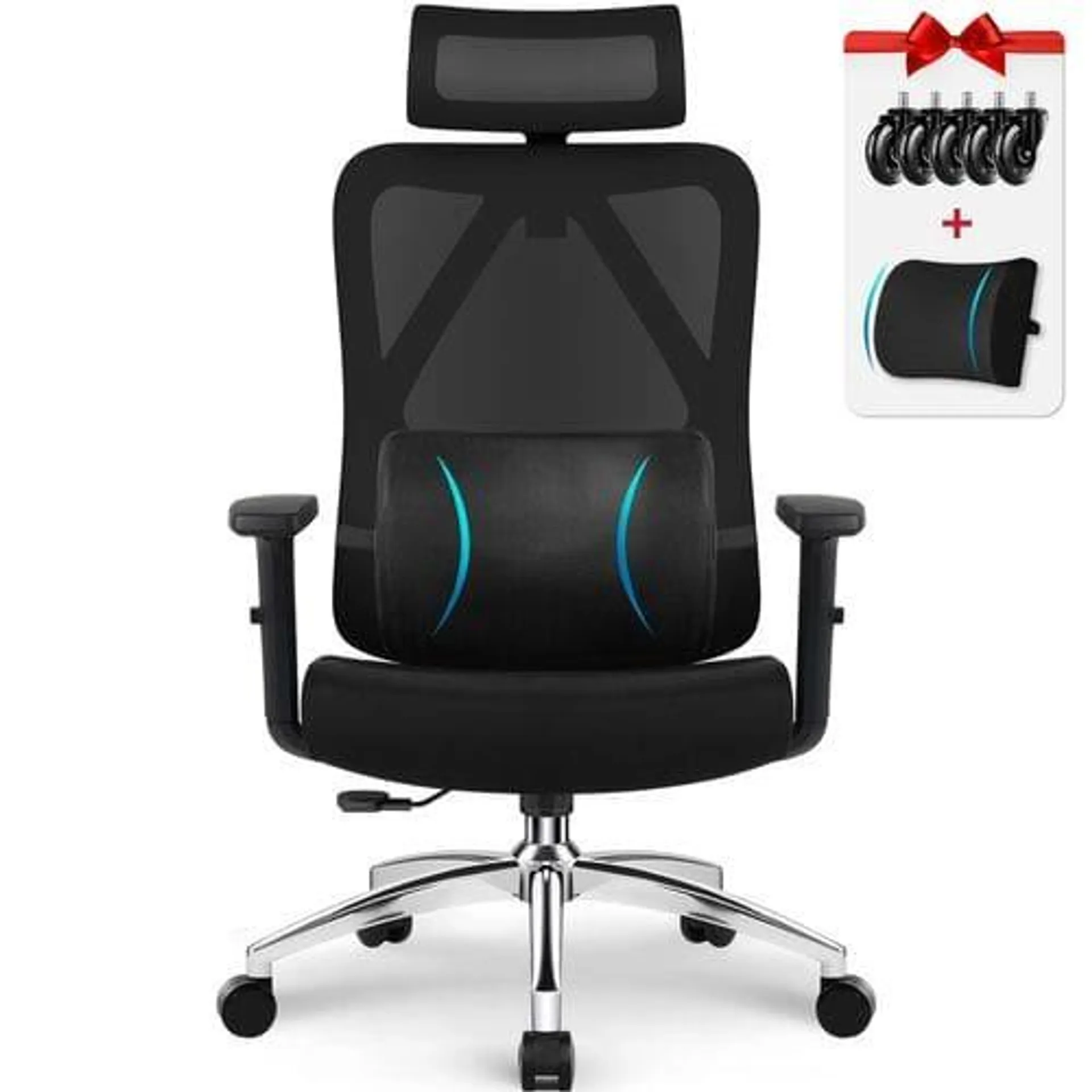 LEXZURN Fauteuil De Bureau Charge 200kg Ergonomique Et Inclinable, Accoudoirs Réglables Appui-tête Ajustable