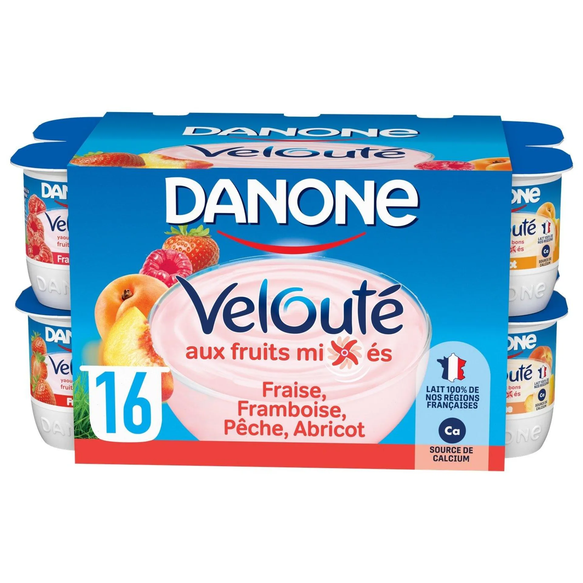 Yaourt aux fruits brassé fraise framboise pêche abricot DANONE VELOUTE FRUIX