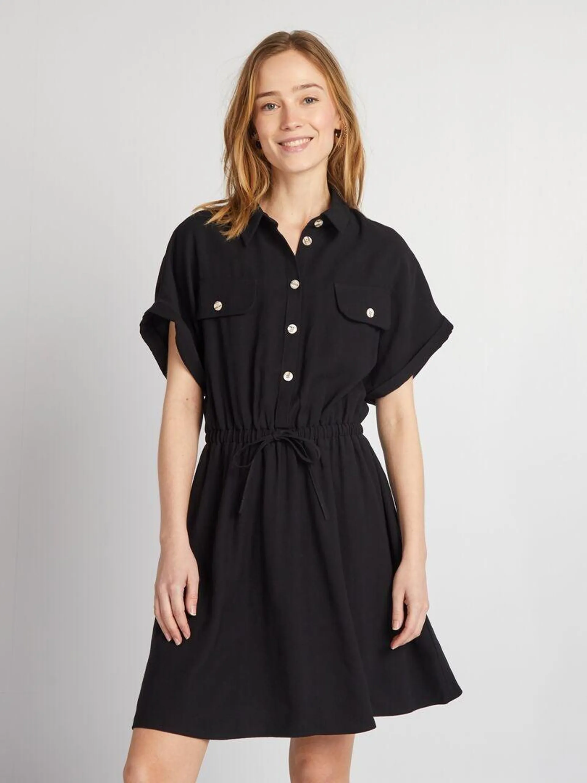 Robe chemise élastiquée - noir