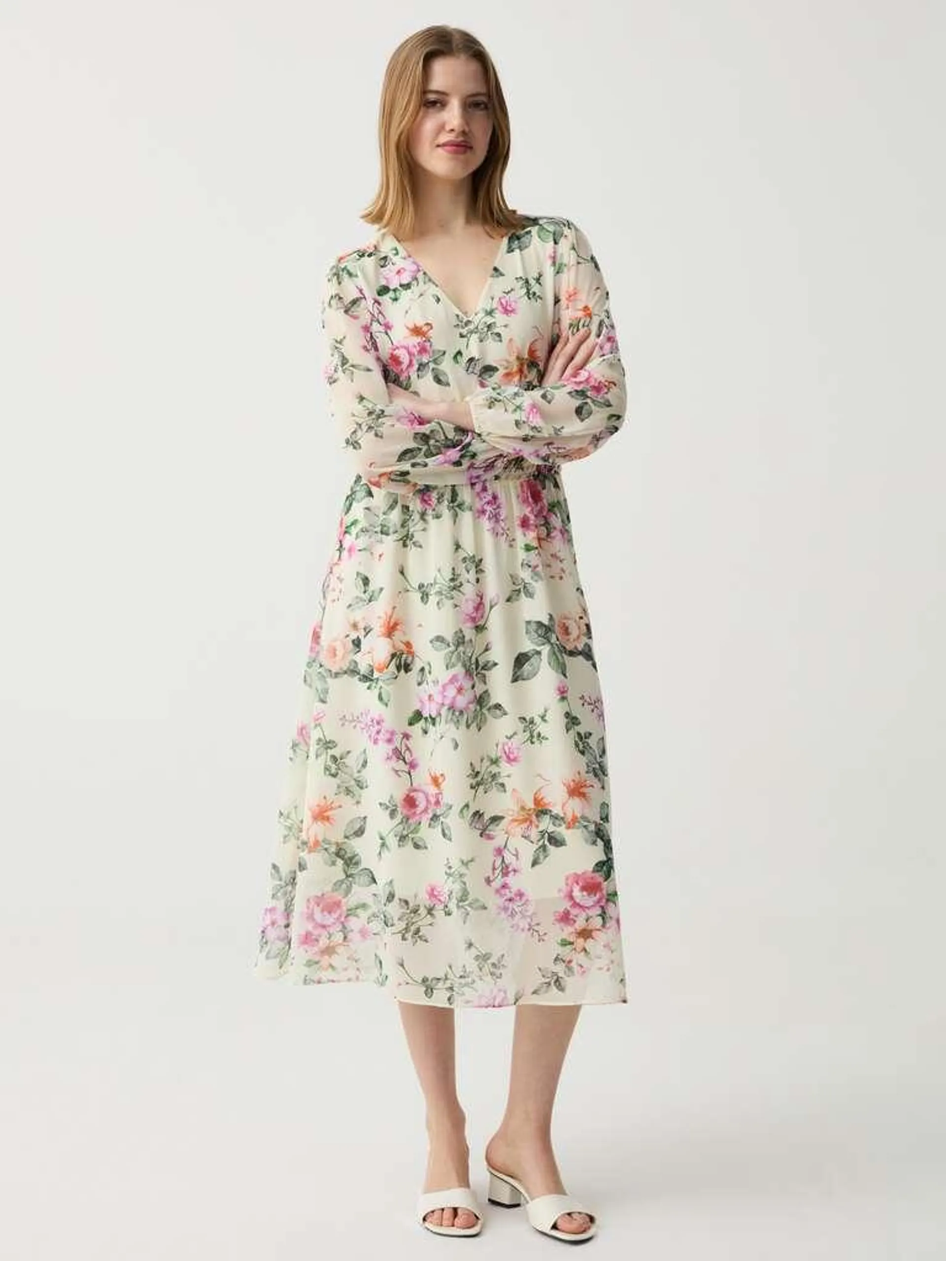 Long floral dress with smock stitch Blanc/rose