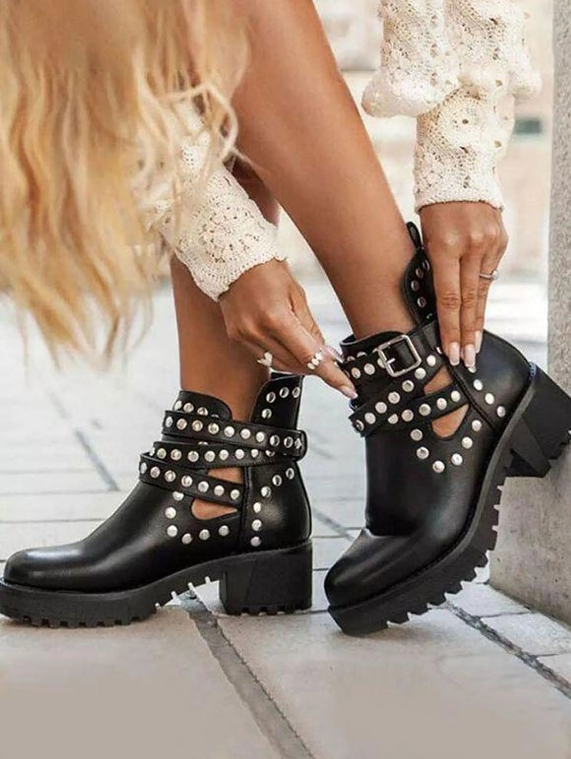 Rivet Boots Cut Out Thick Heels Slip On Boots