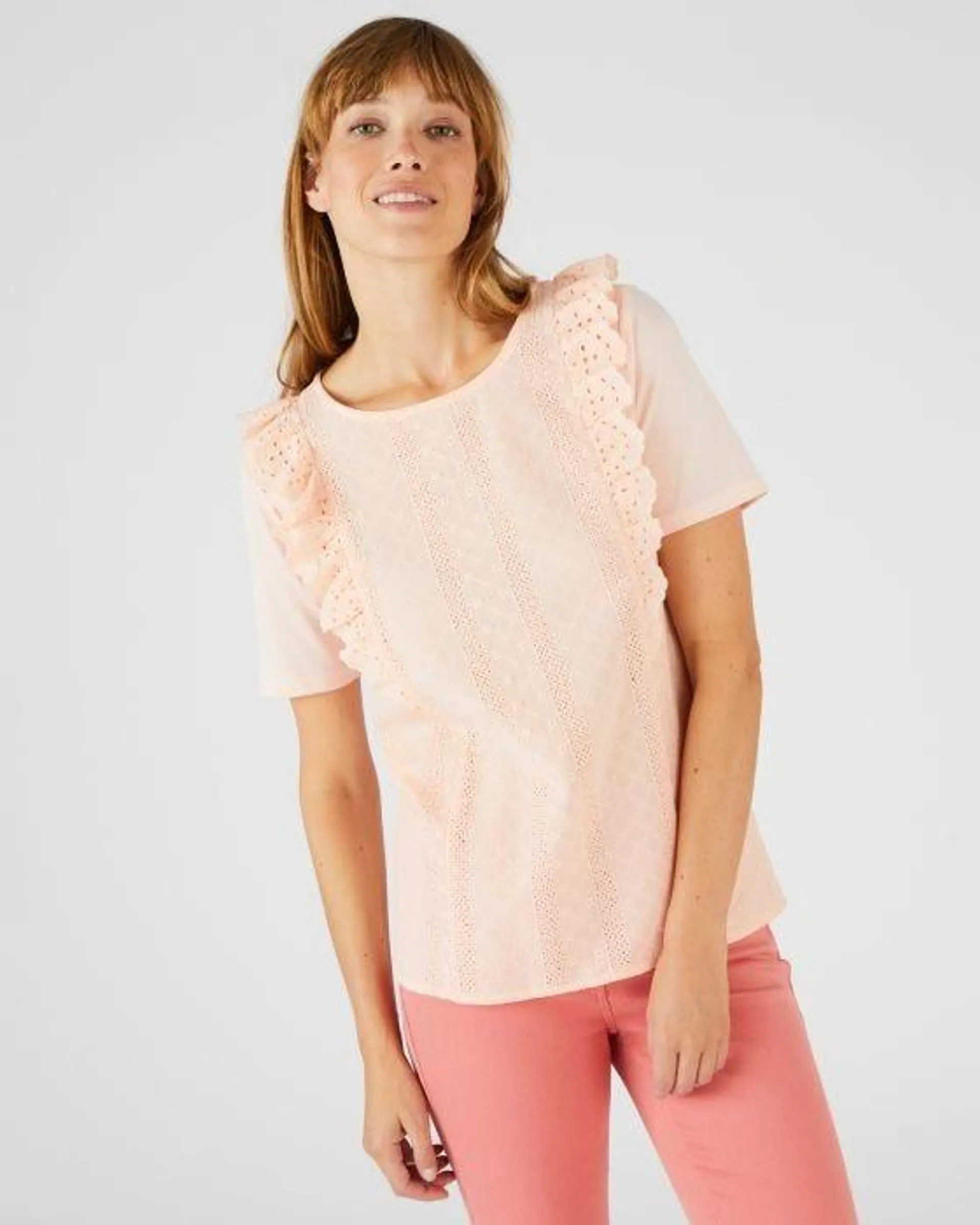 T-shirt bi-matière broderie anglaise