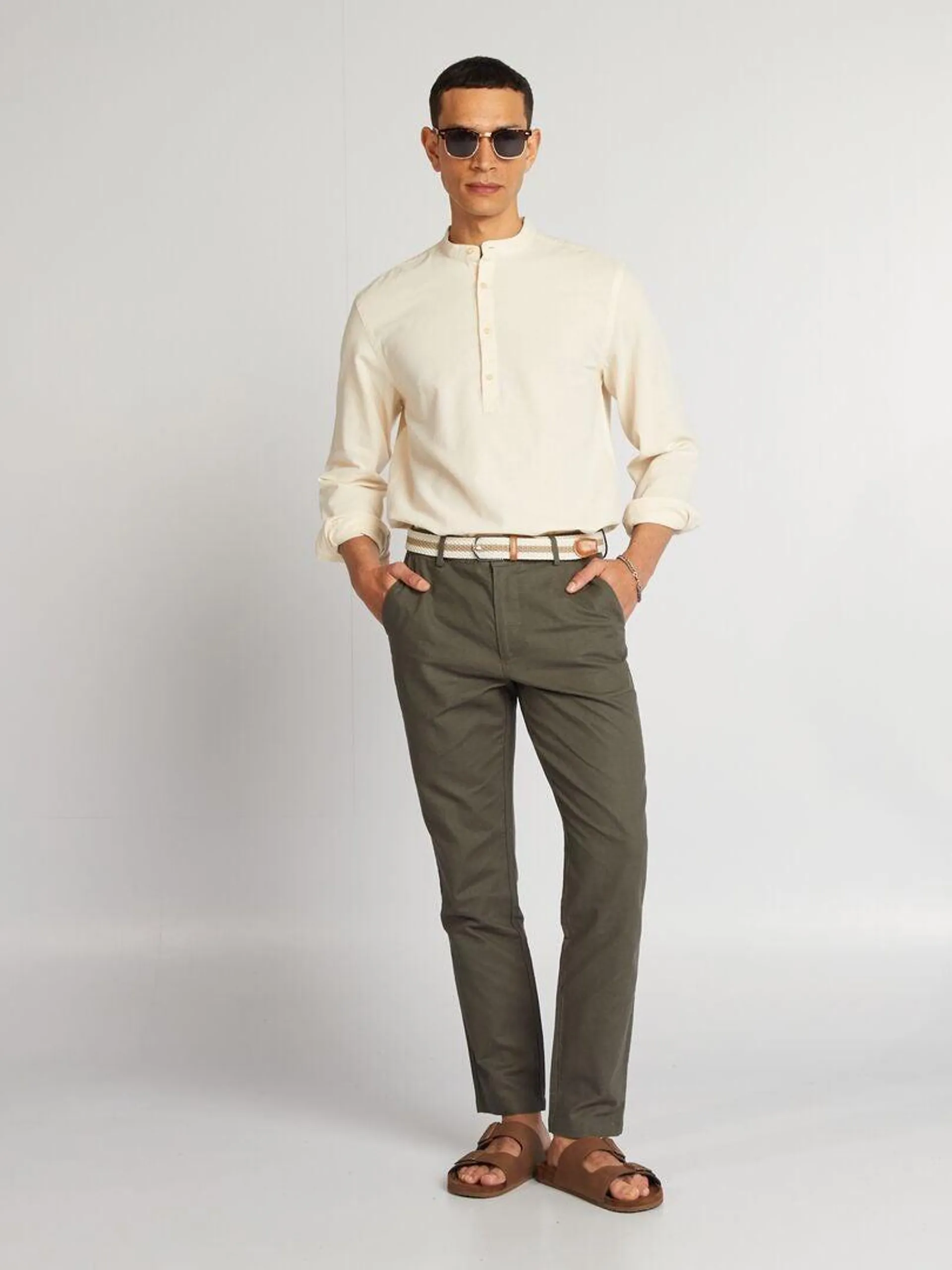 Pantalon chino coupe slim en lin mélangé - Kaki