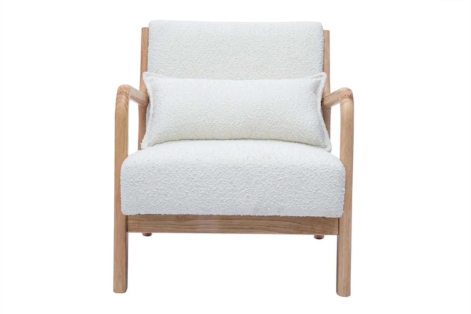 Fauteuil scandinave en tissu effet laine bouclée blanc et bois clair massif DERRY