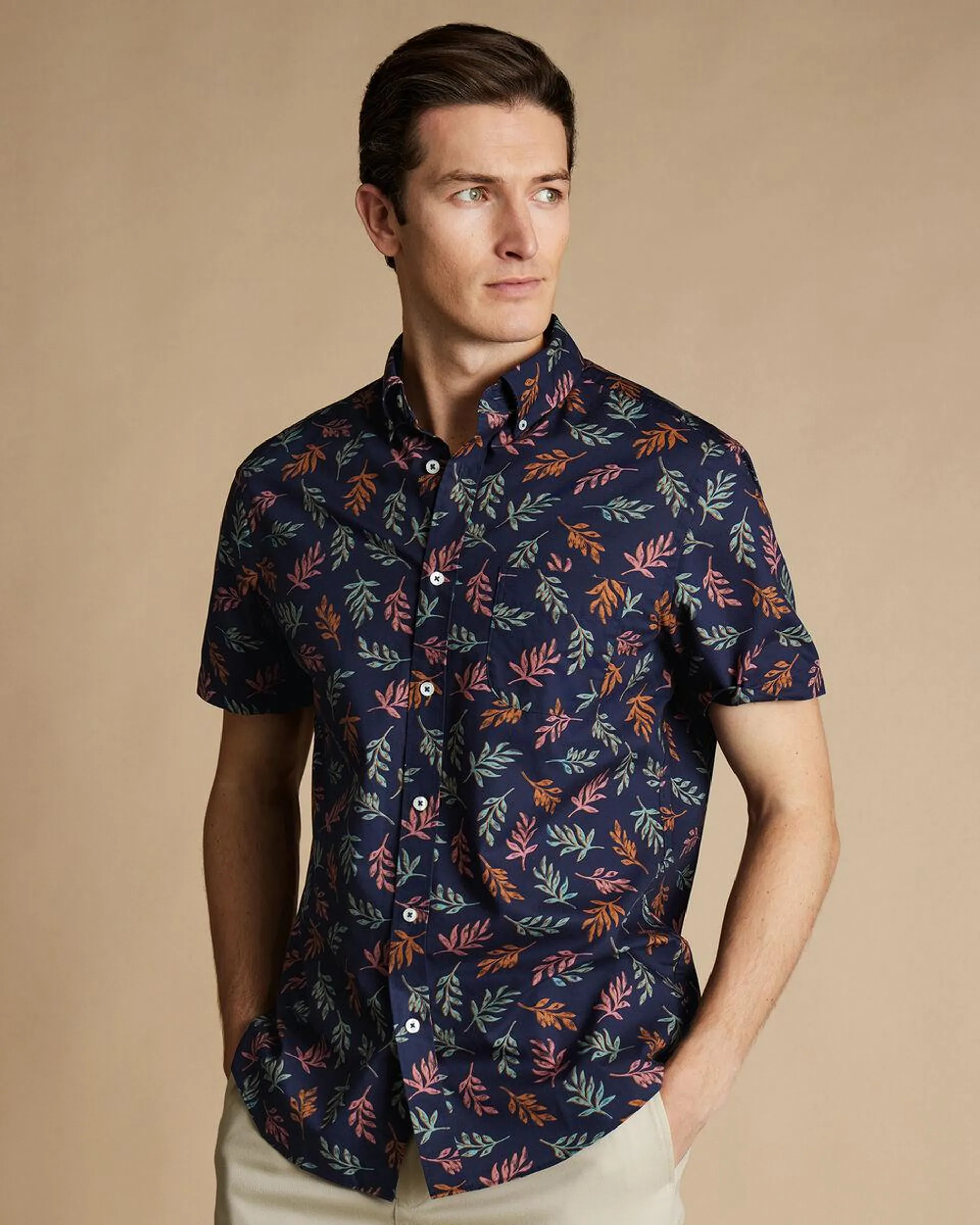 details about product: Button-Down Collar Non-Iron Stretch Leaf Print Short Sleeve Shirt - Navy