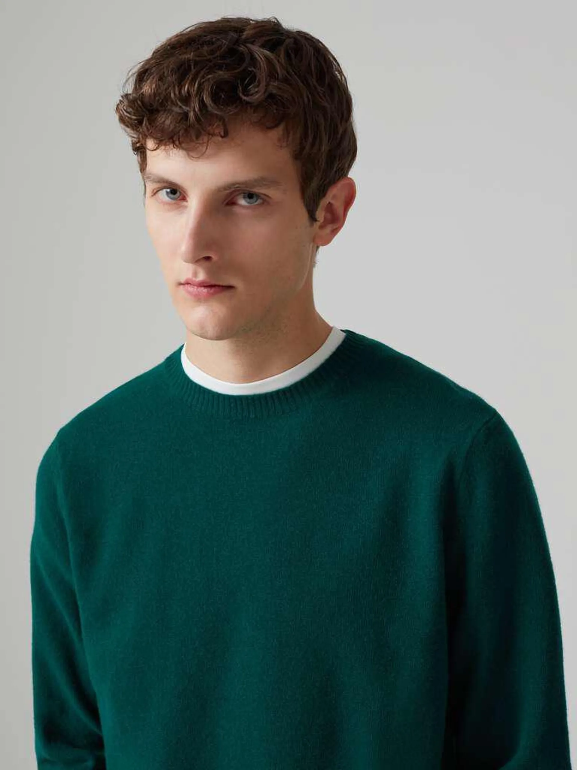 Jersey cuello redondo de lana de cordero Verde Esmeralda Oscuro