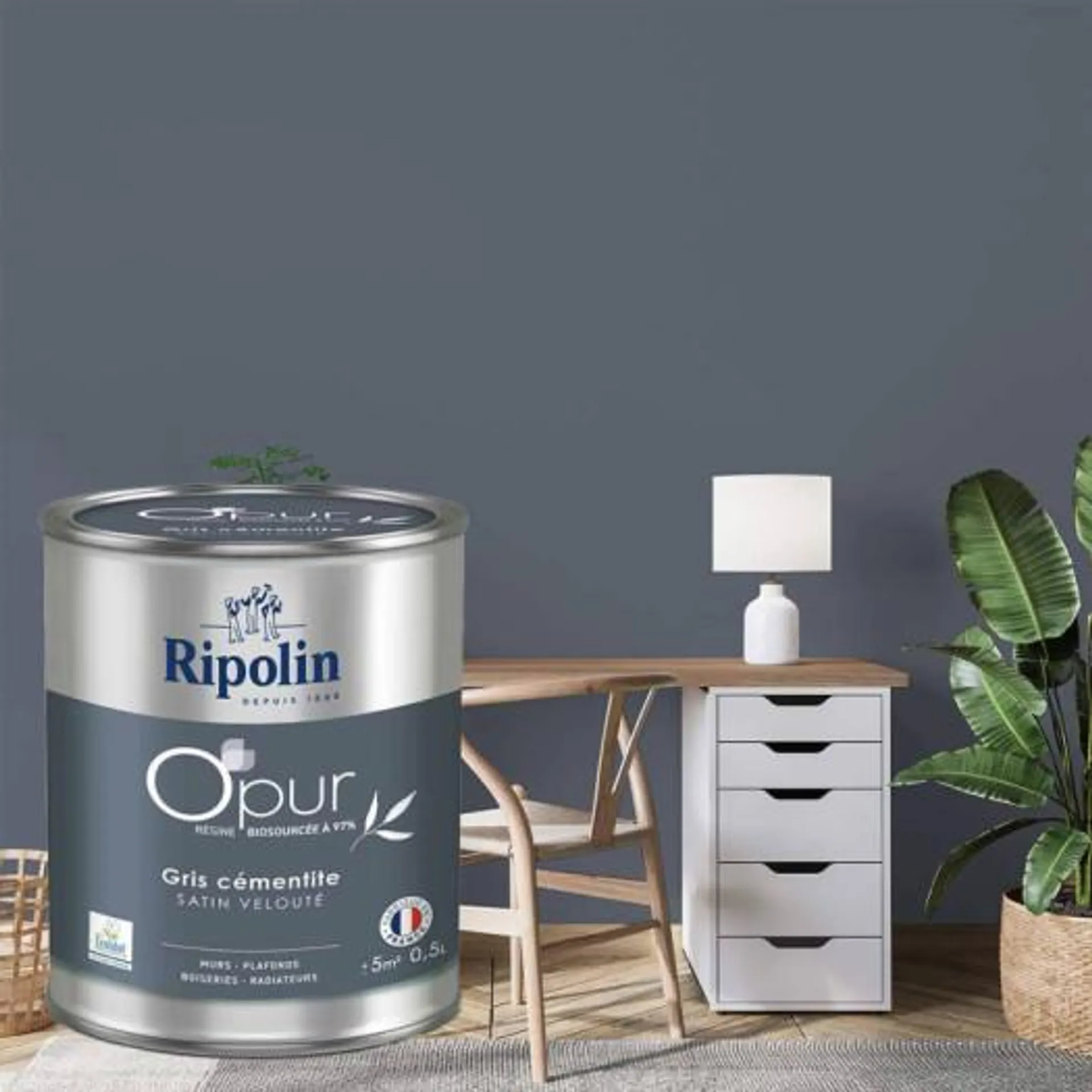 Peinture RIPOLIN Opur bio sourcée multi-supports gris cémentite satin 0.5L