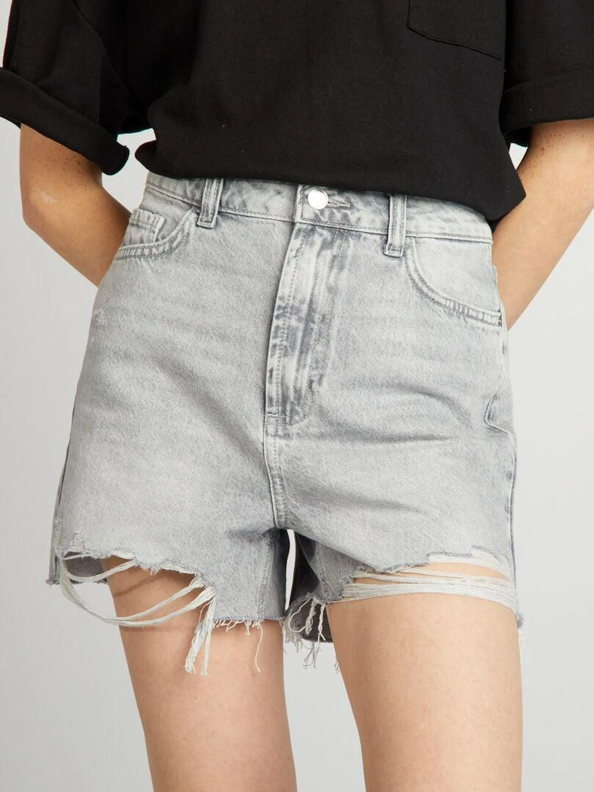 Short en jean taille haute - Gris