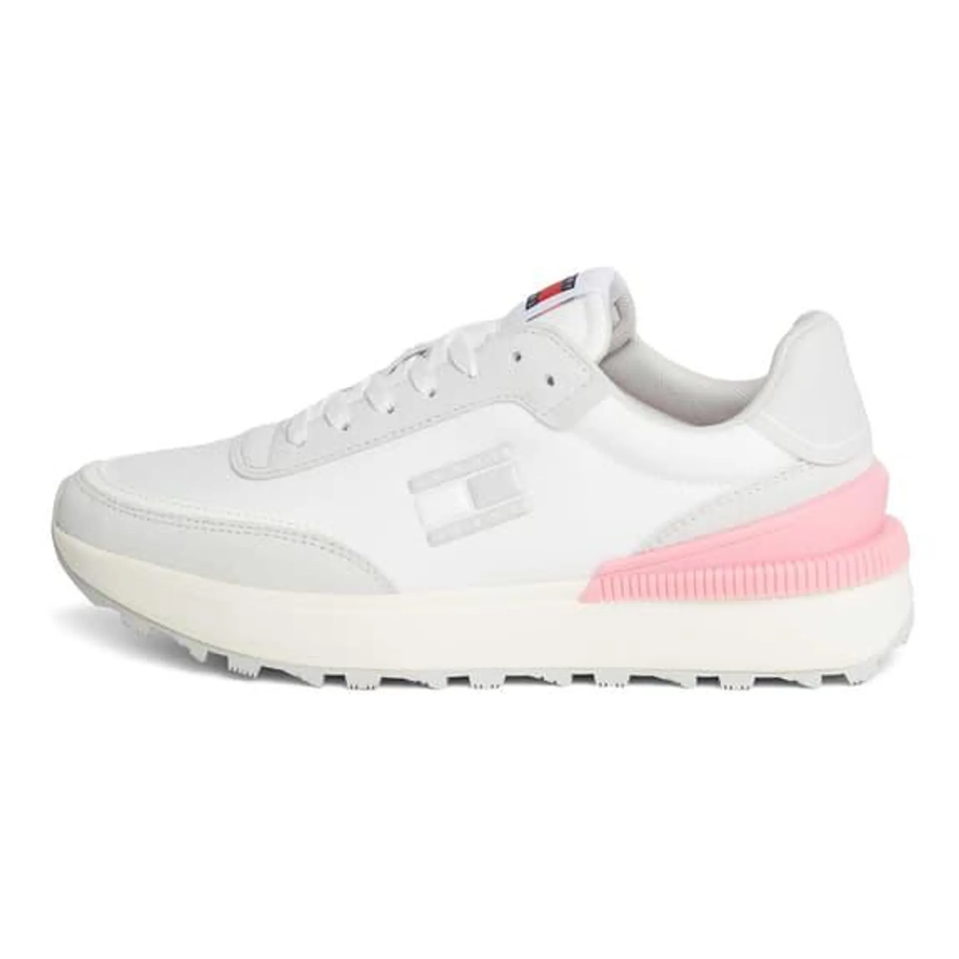 Baskets Tommy Jeans Tech Runner blanc gris rose femme.