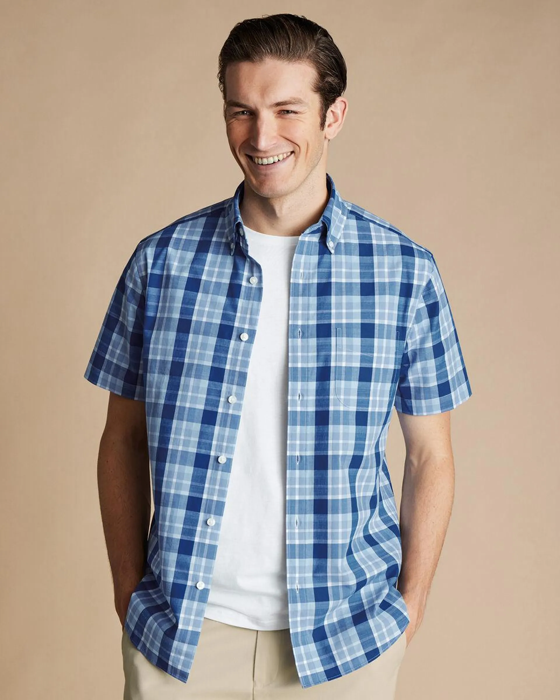 details about product: Button-Down Collar Non-Iron Stretch Poplin Check Slub Short Sleeve Shirt - Royal Blue