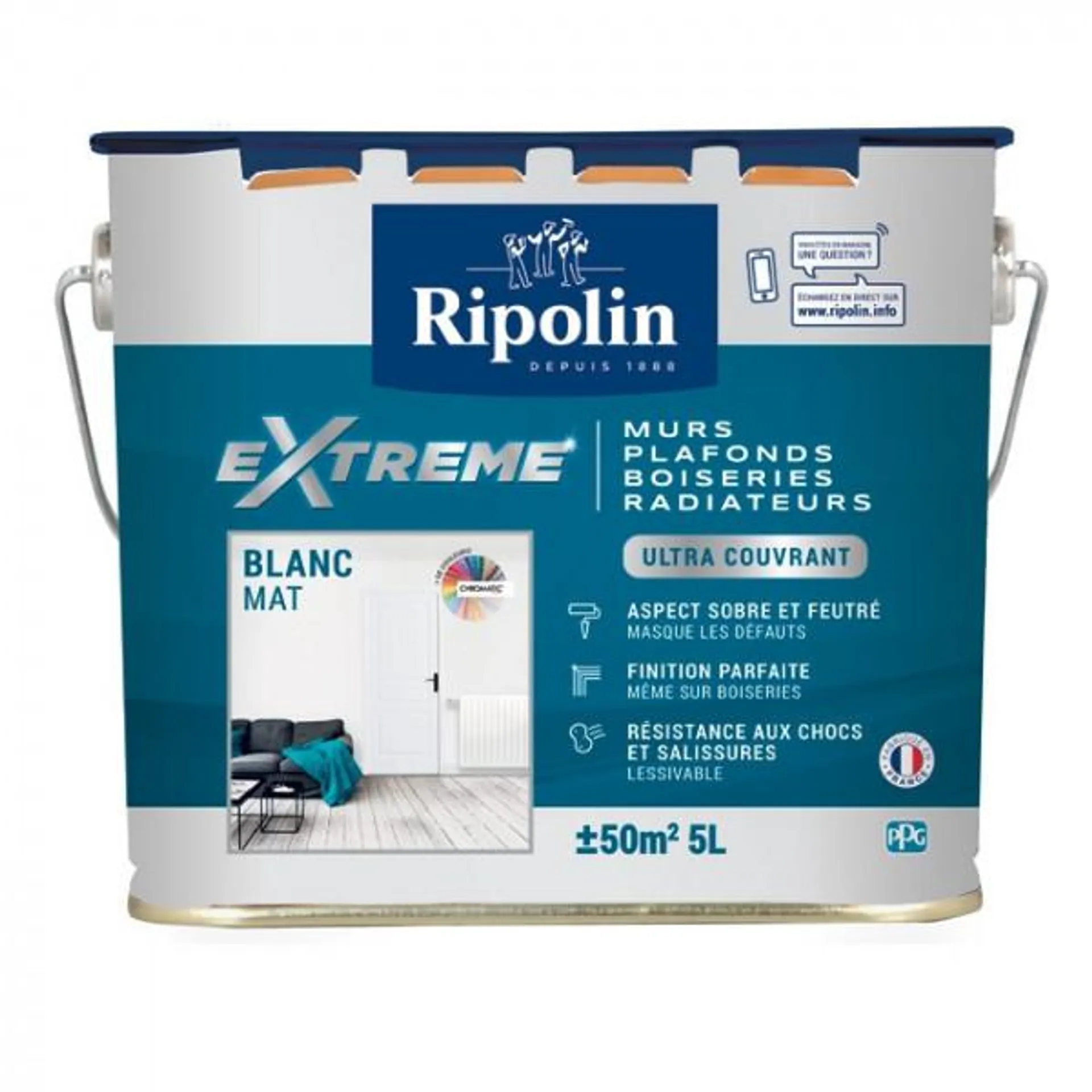 Peinture Ripolin extrême multi-supports murs, plafonds, boiseries et radiateurs blanc mat 5L