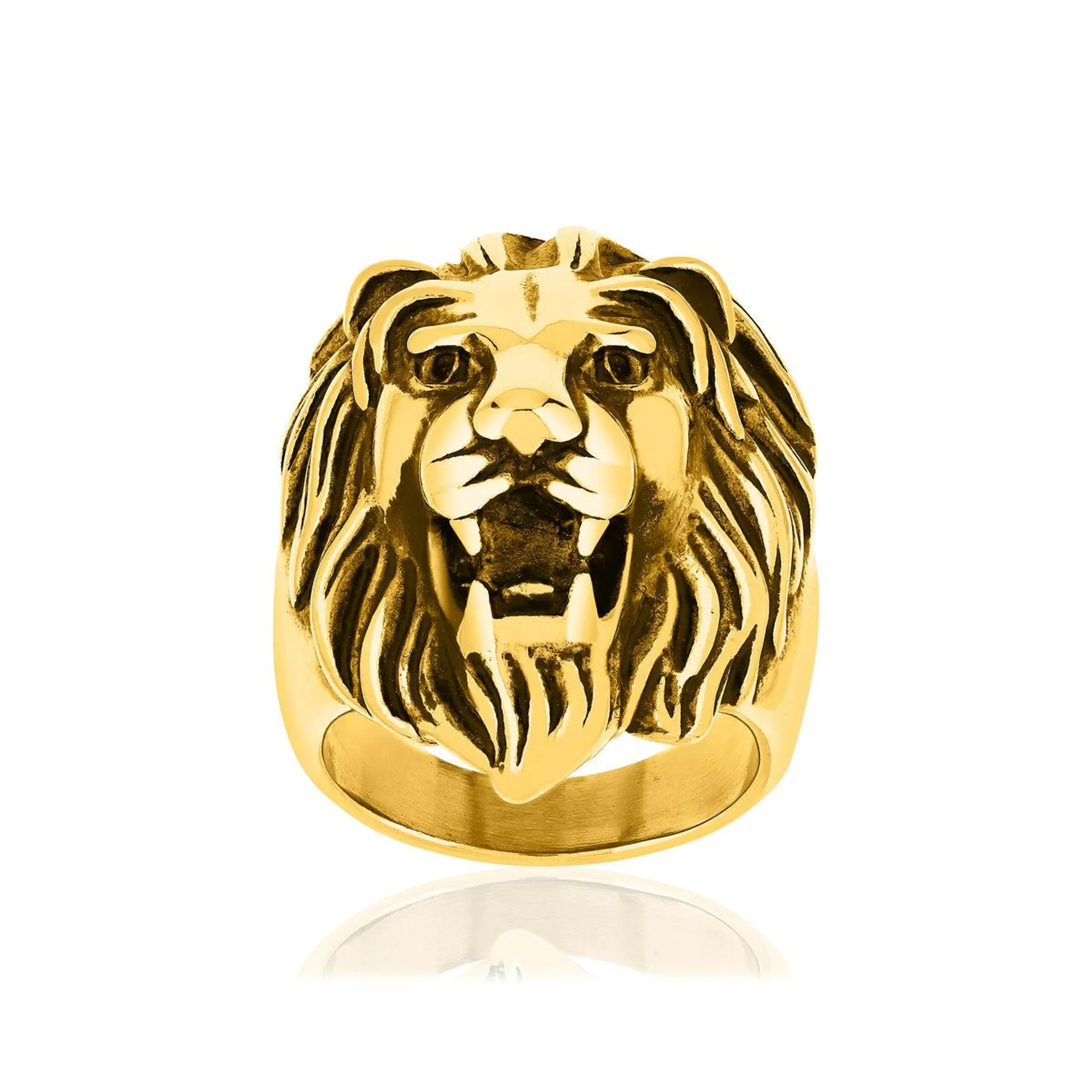 Bague acier jaune tête de lion