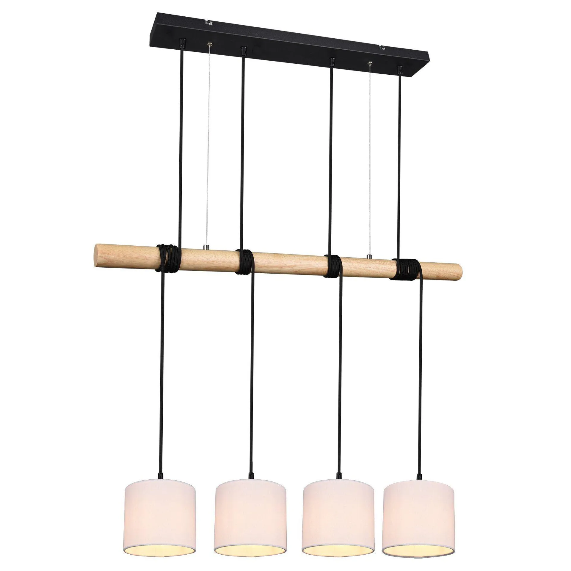 Suspension barre ODIN en métal noir mat et bois naturel avec abat-jours en tissu blanc