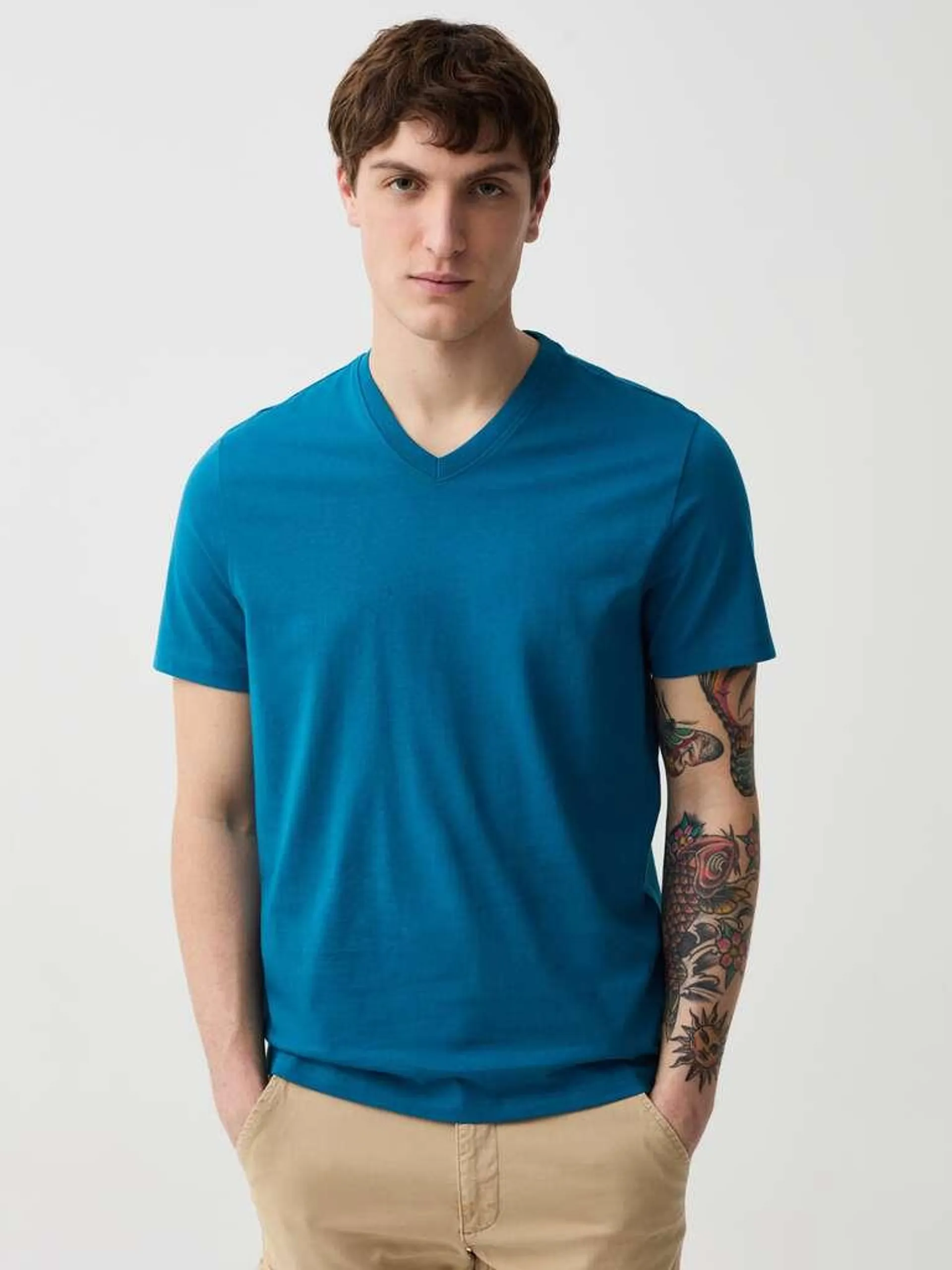 Organic cotton T-shirt with V neck Bleu foncé