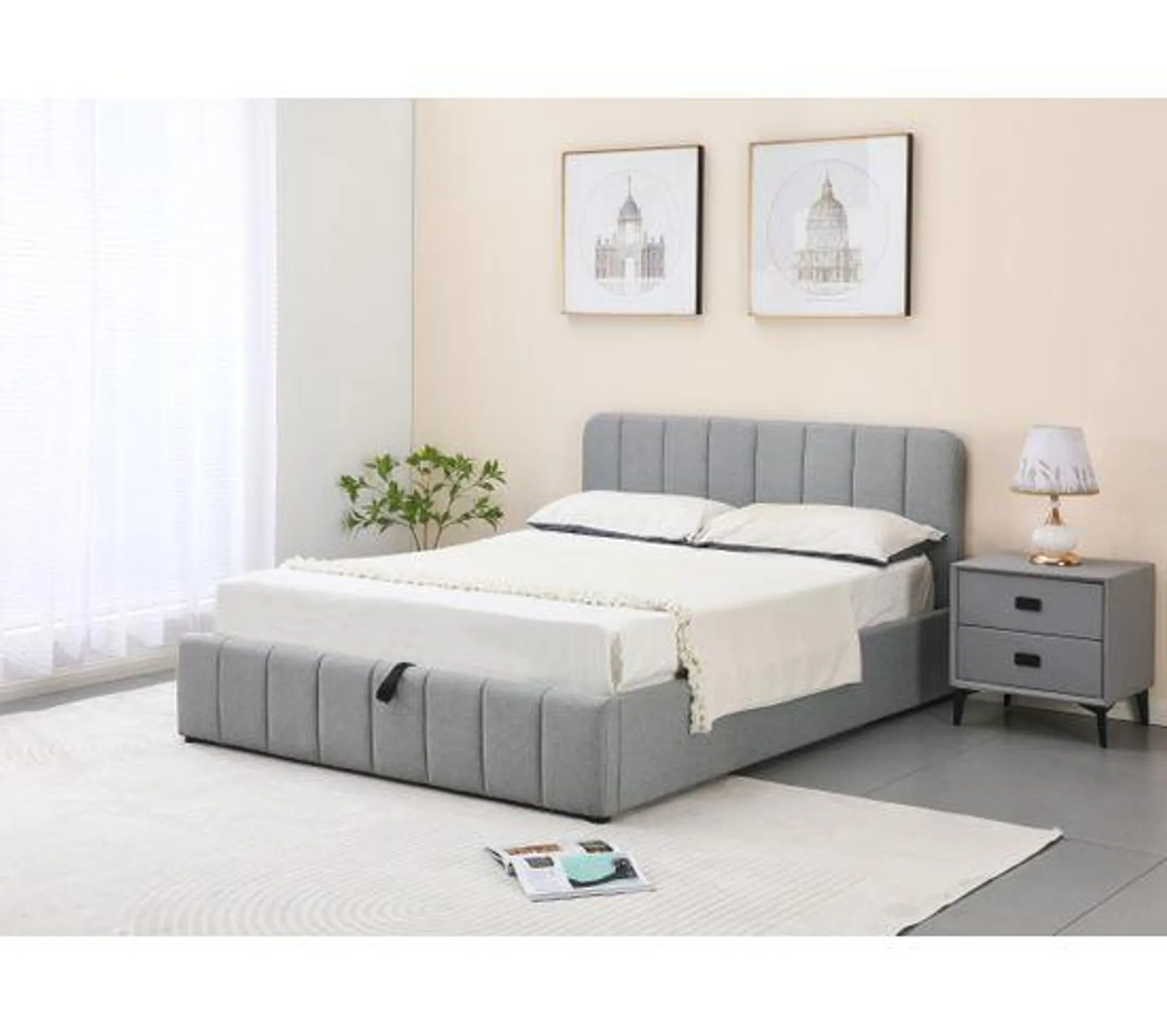 Lit coffre 160x200cm avec sommier AVIA en tissu gris