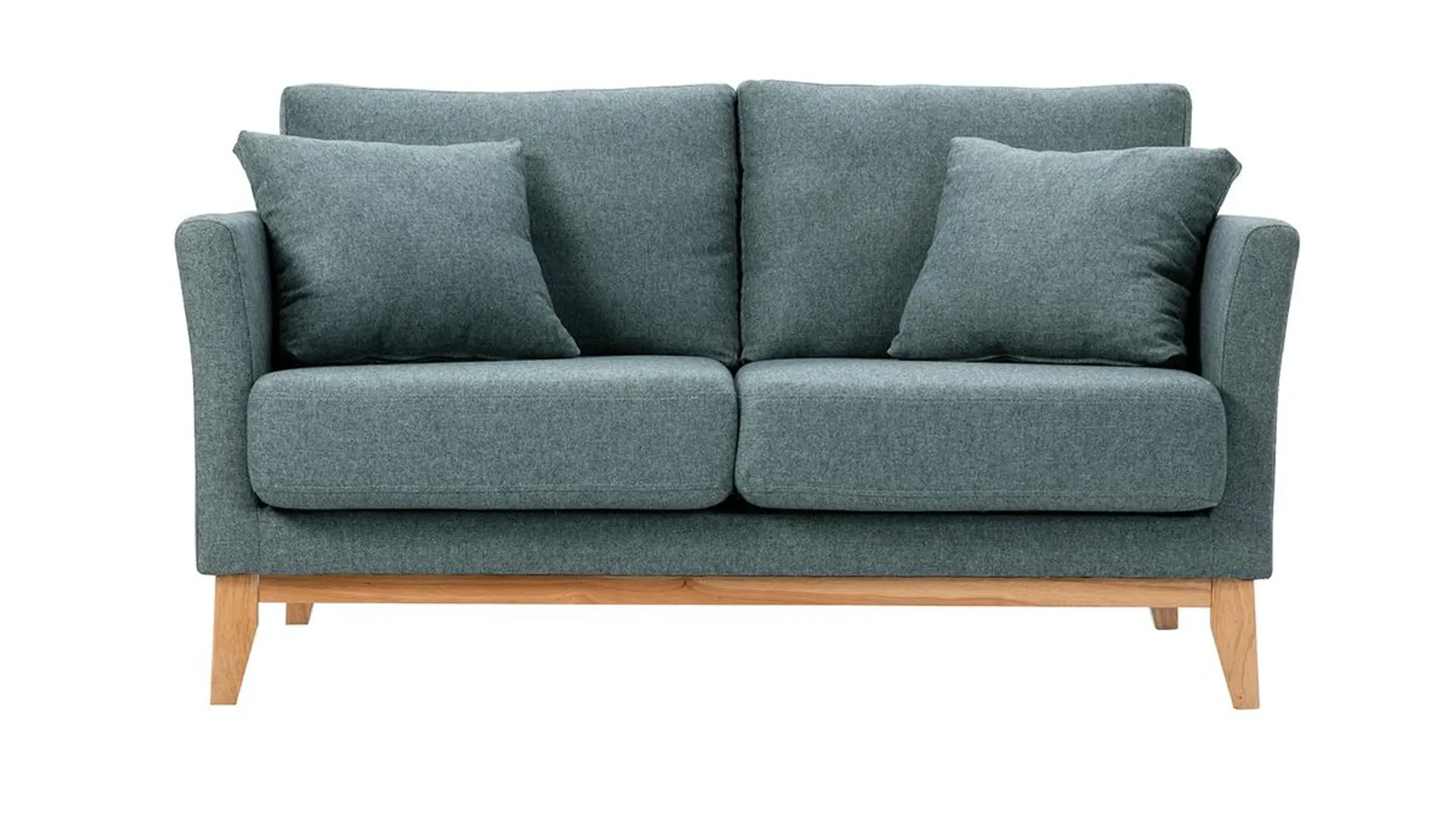 Canapé scandinave déhoussable 2 places en tissu effet velours vert de gris et bois clair OSLO