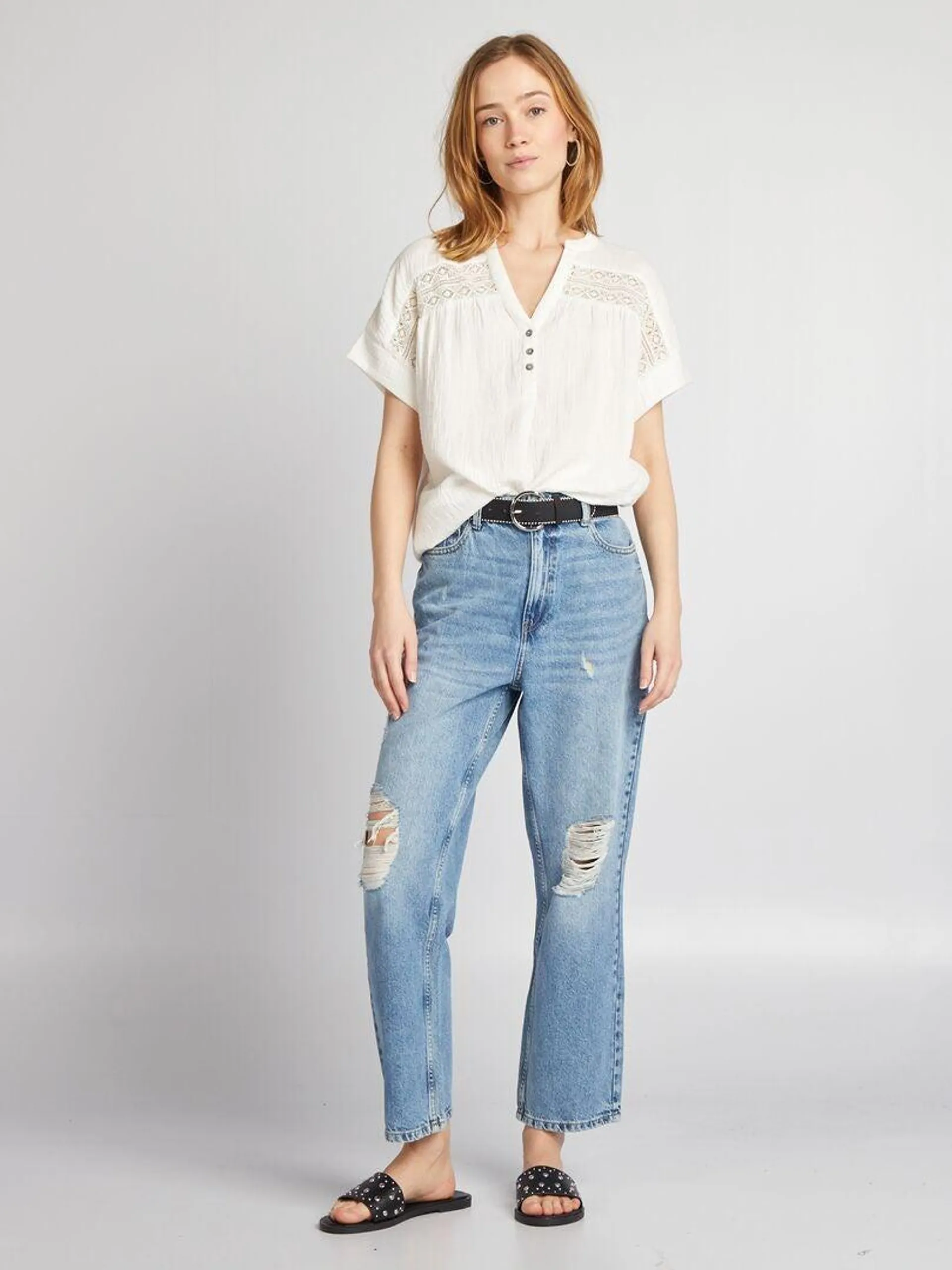 Blouse à manches courtes en gaze de coton - blanc