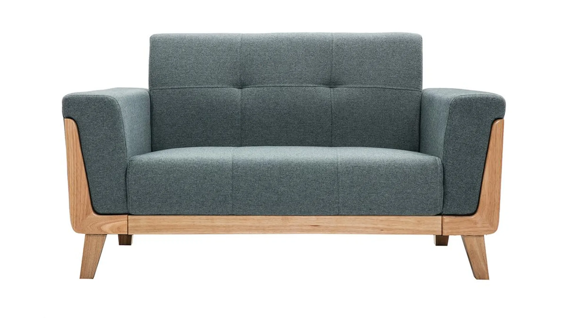 Canapé scandinave 2 places en tissu vert de gris et bois clair FJORD