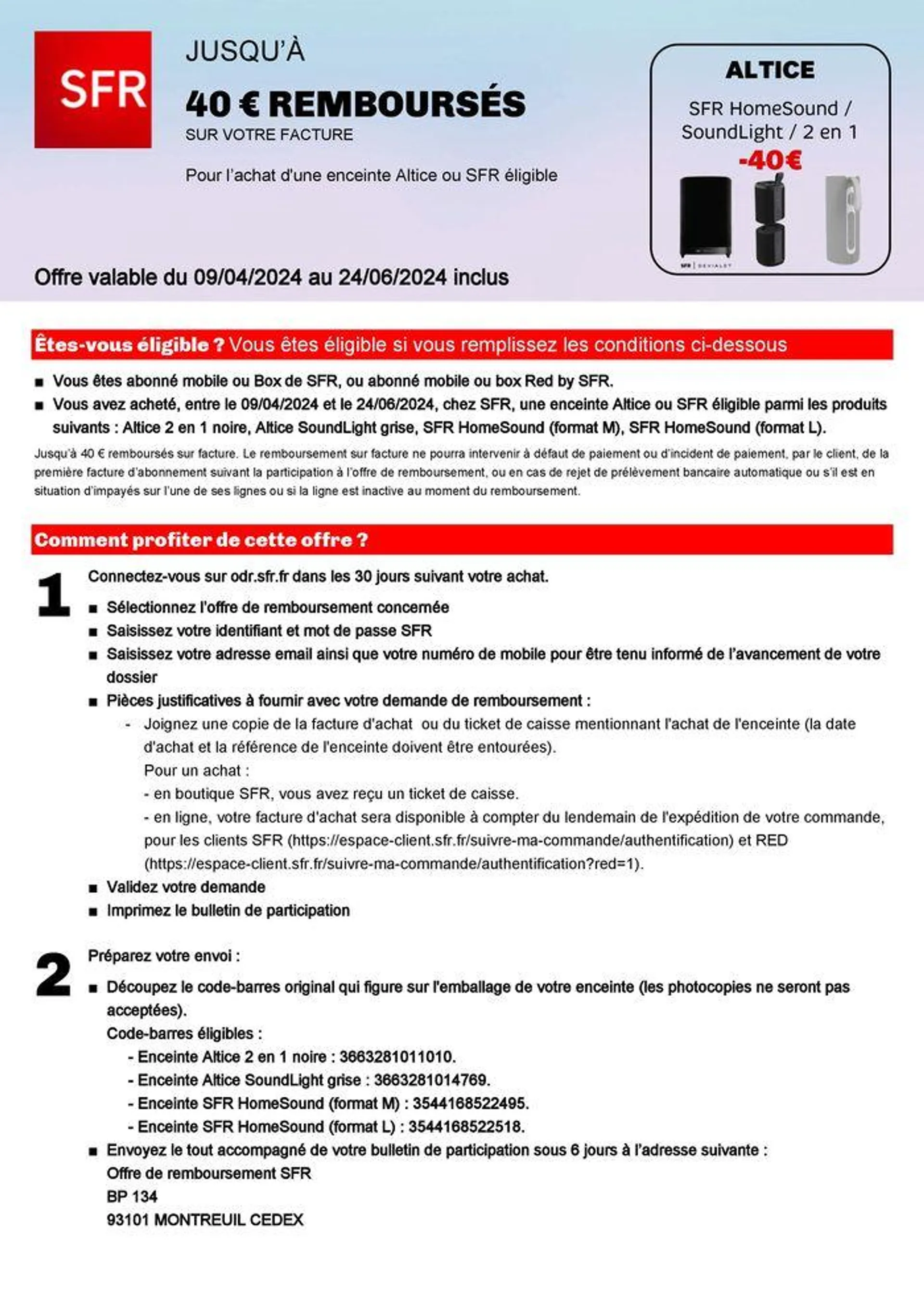 Pour l’achat d'une enceinte Altice ou SFR éligible du 18 avril au 24 juin 2024 - Catalogue page 1