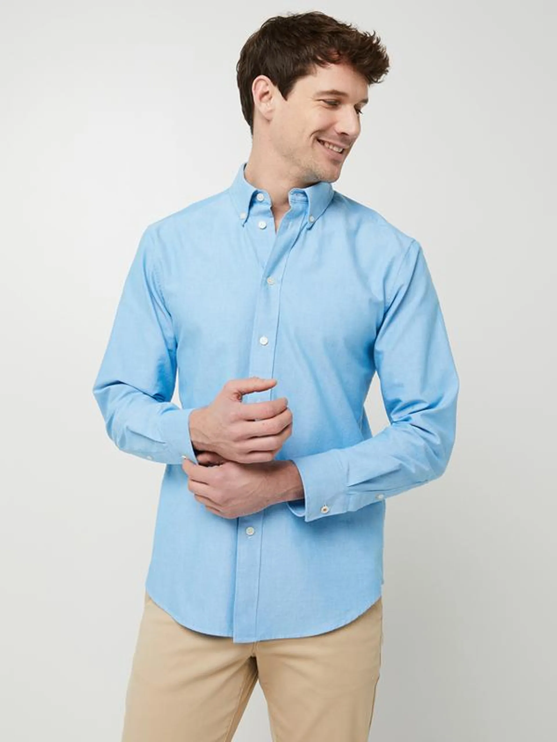 Chemise Oxford Manches Longues 100% Coton Uni - Bleu