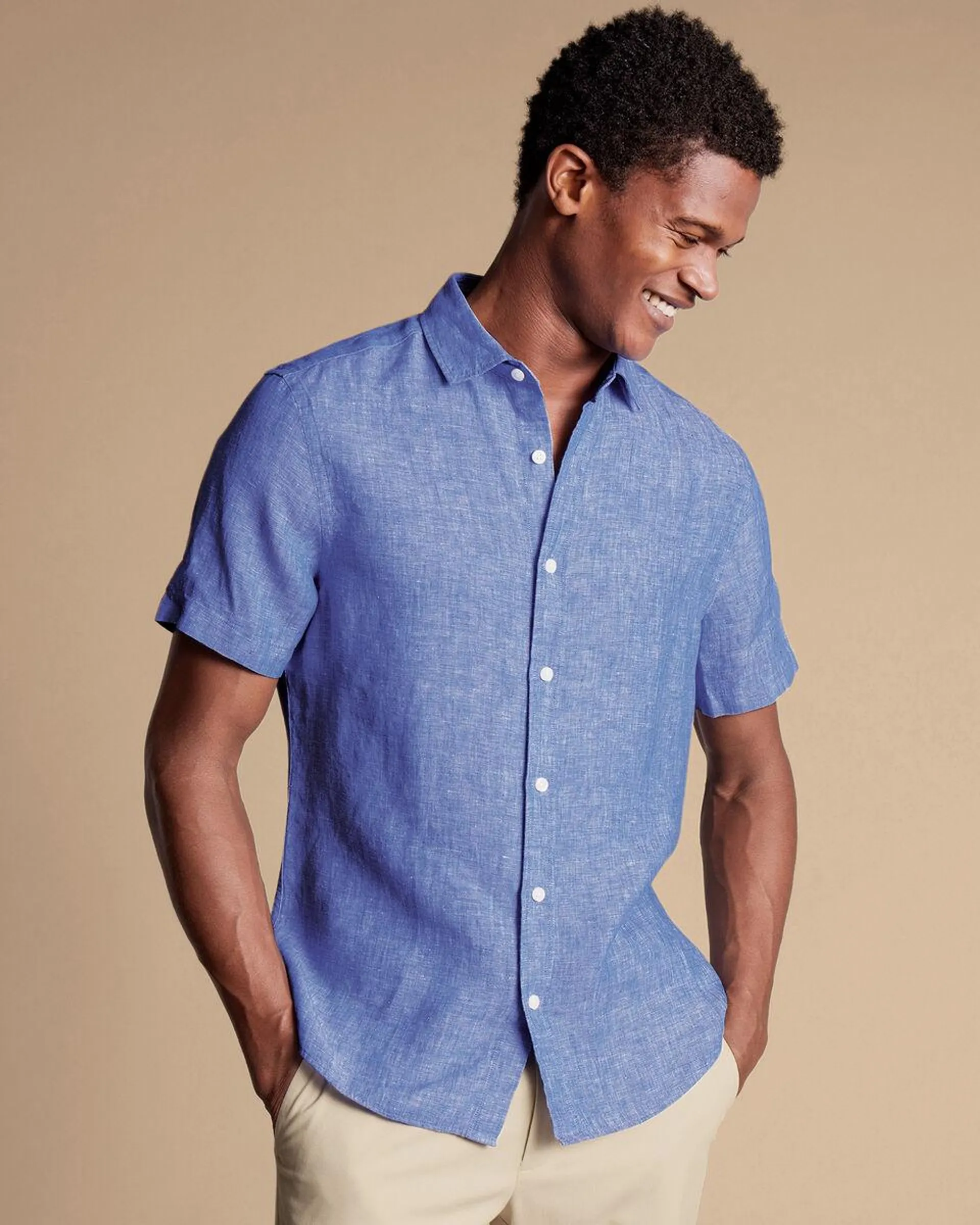 details about product: Pure Linen Short Sleeve Shirt - Cobalt Blue