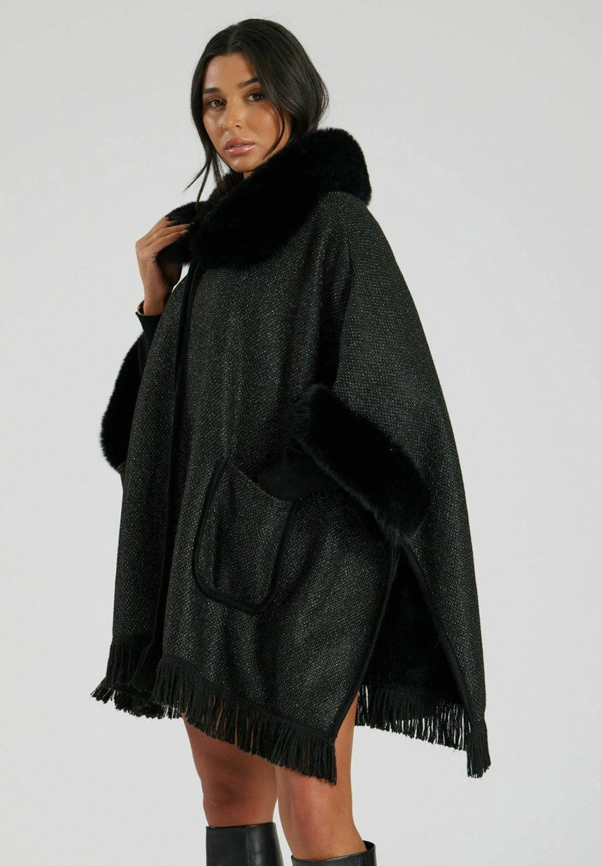 FAUX FUR PONCHO - Cape - black