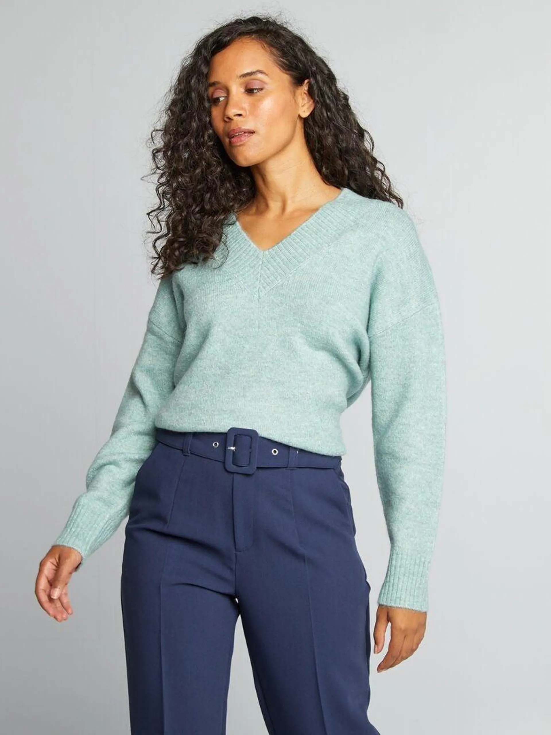 Pull en maille à col V - Bleu