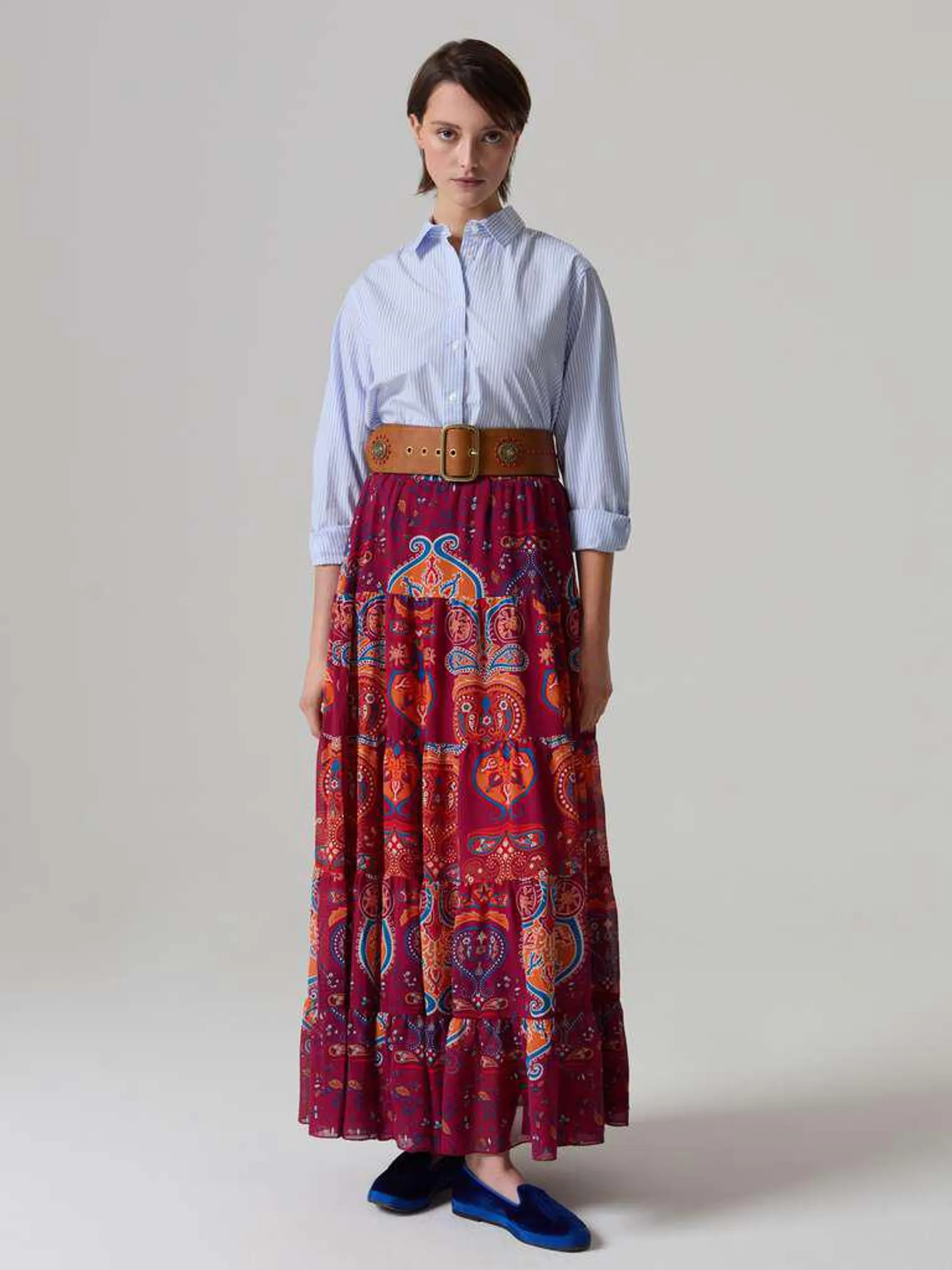 Orange/Pink Long tiered skirt with folk print