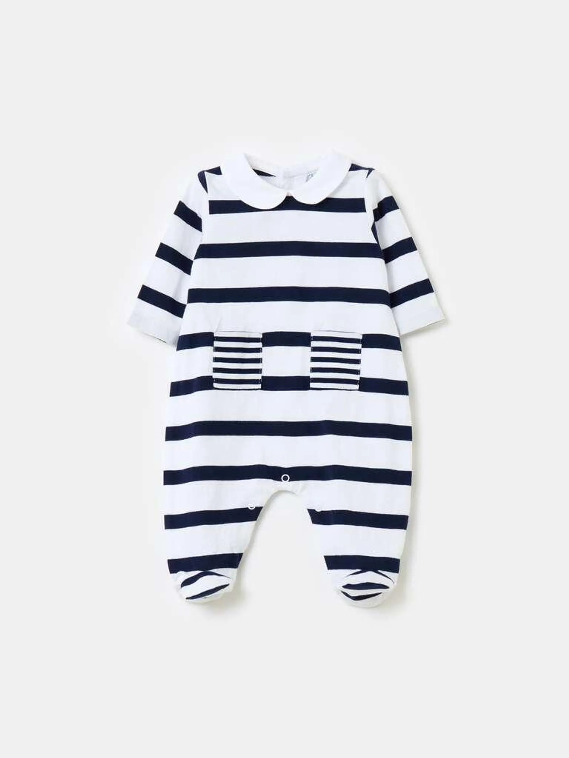 Striped organic cotton onesie with feet Bleu/blanc