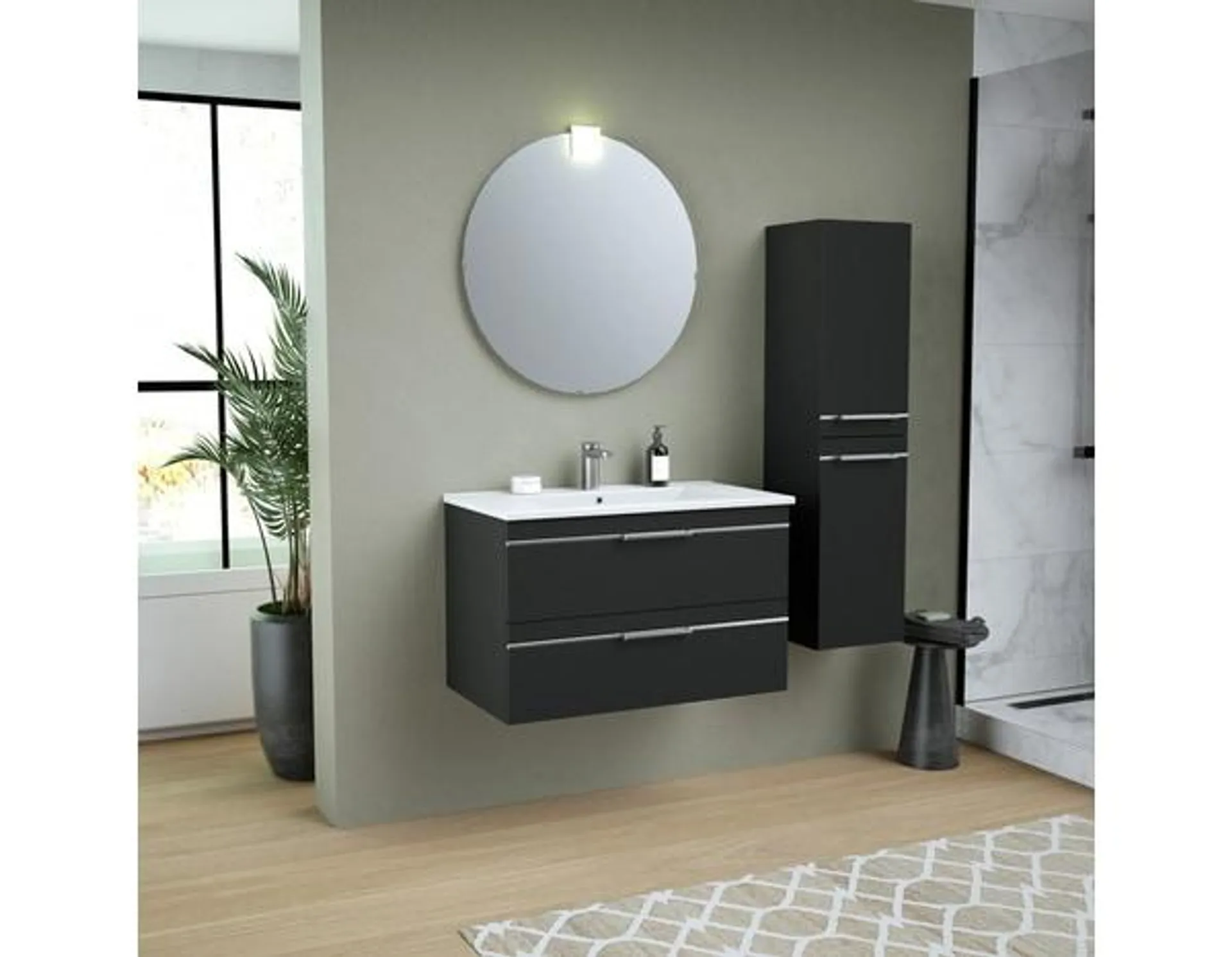 Ensemble meuble 2 tiroirs + vasque + miroir "Kaza" L. 80 cm