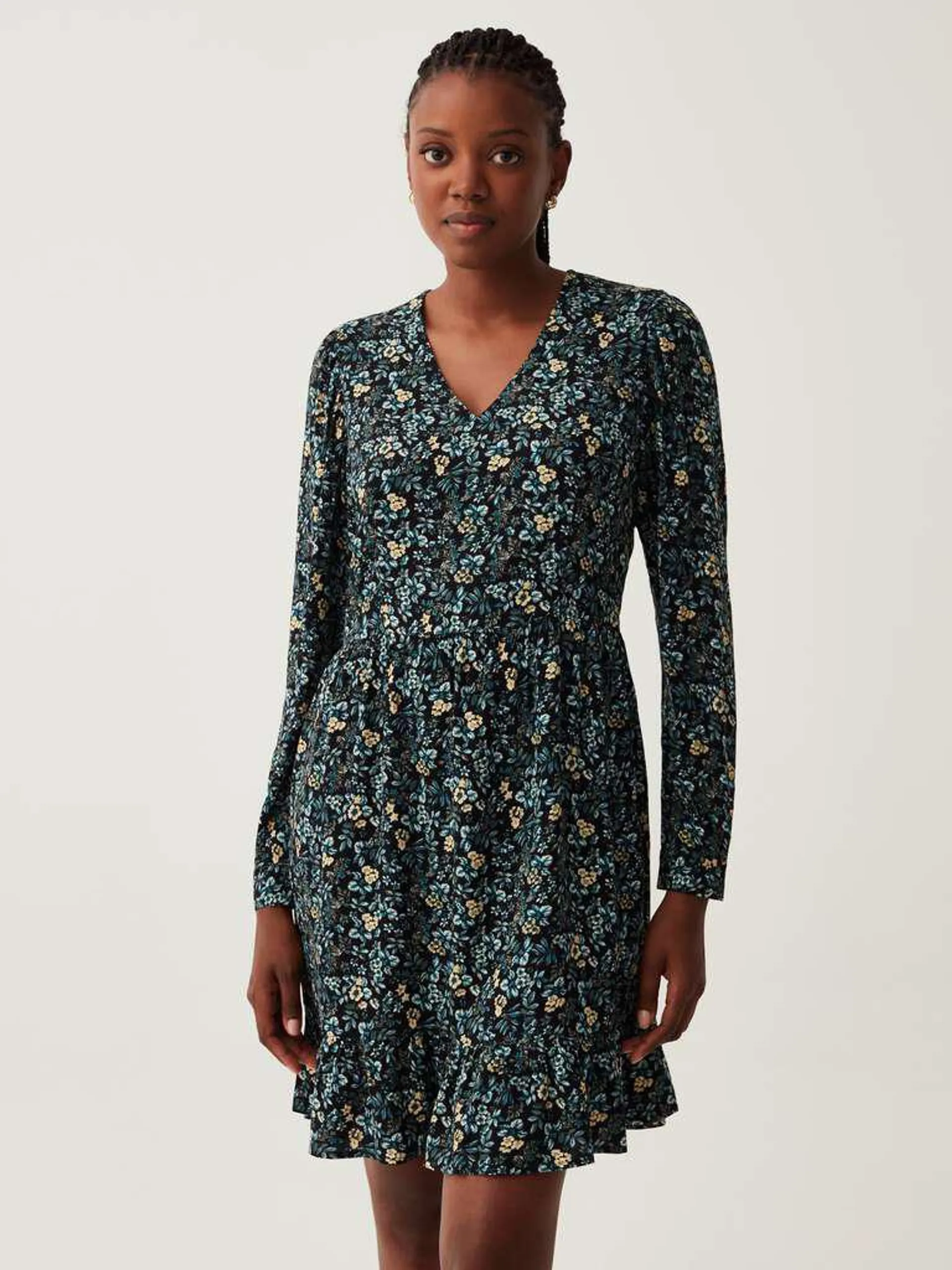 Short dress in viscose with V neck Noir/bleu