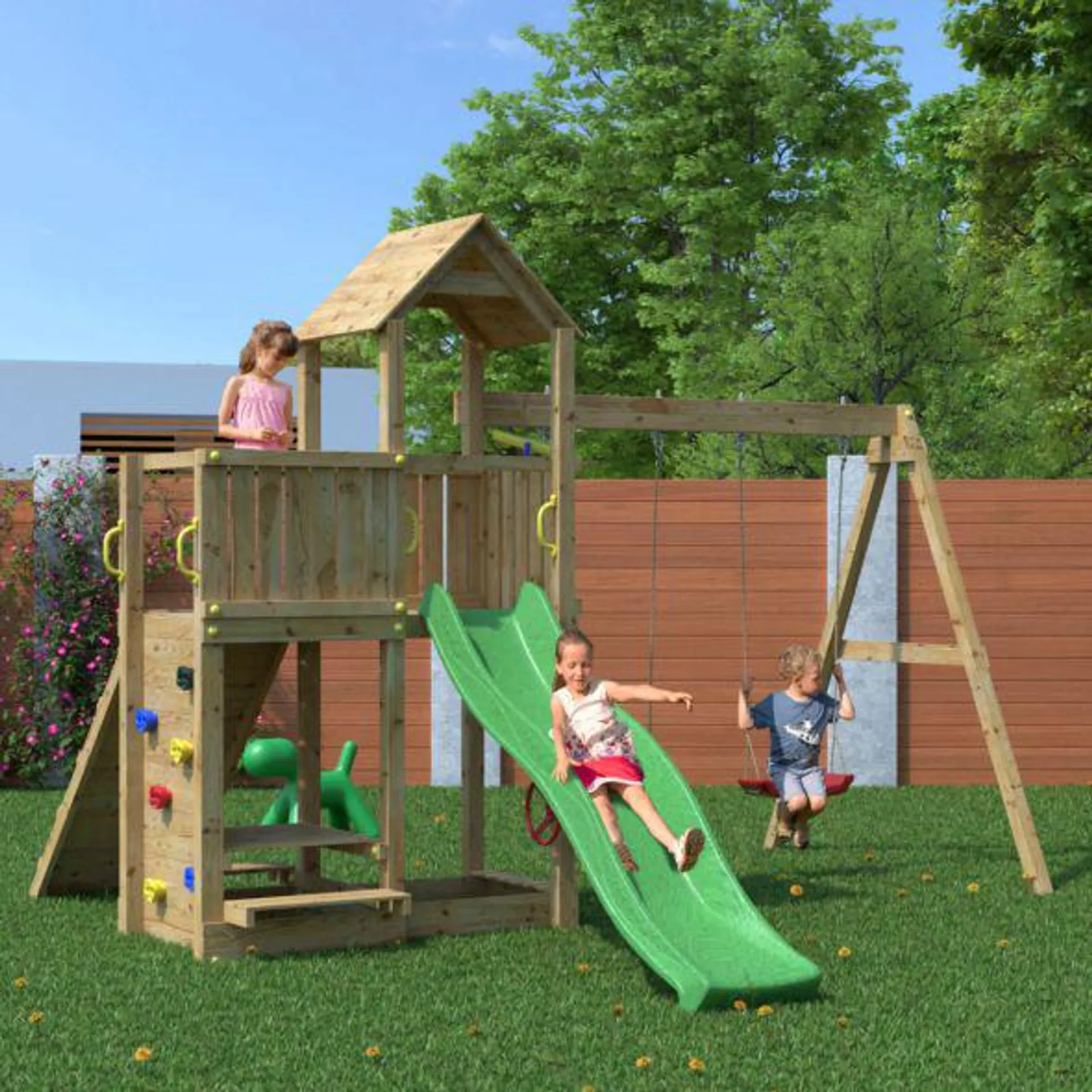 AIRE DE JEUX EN BOIS FLOPPI AVEC BALANÇOIRE DOUBLE, TOBOGGAN ET PLATEFORME - FUNGOO