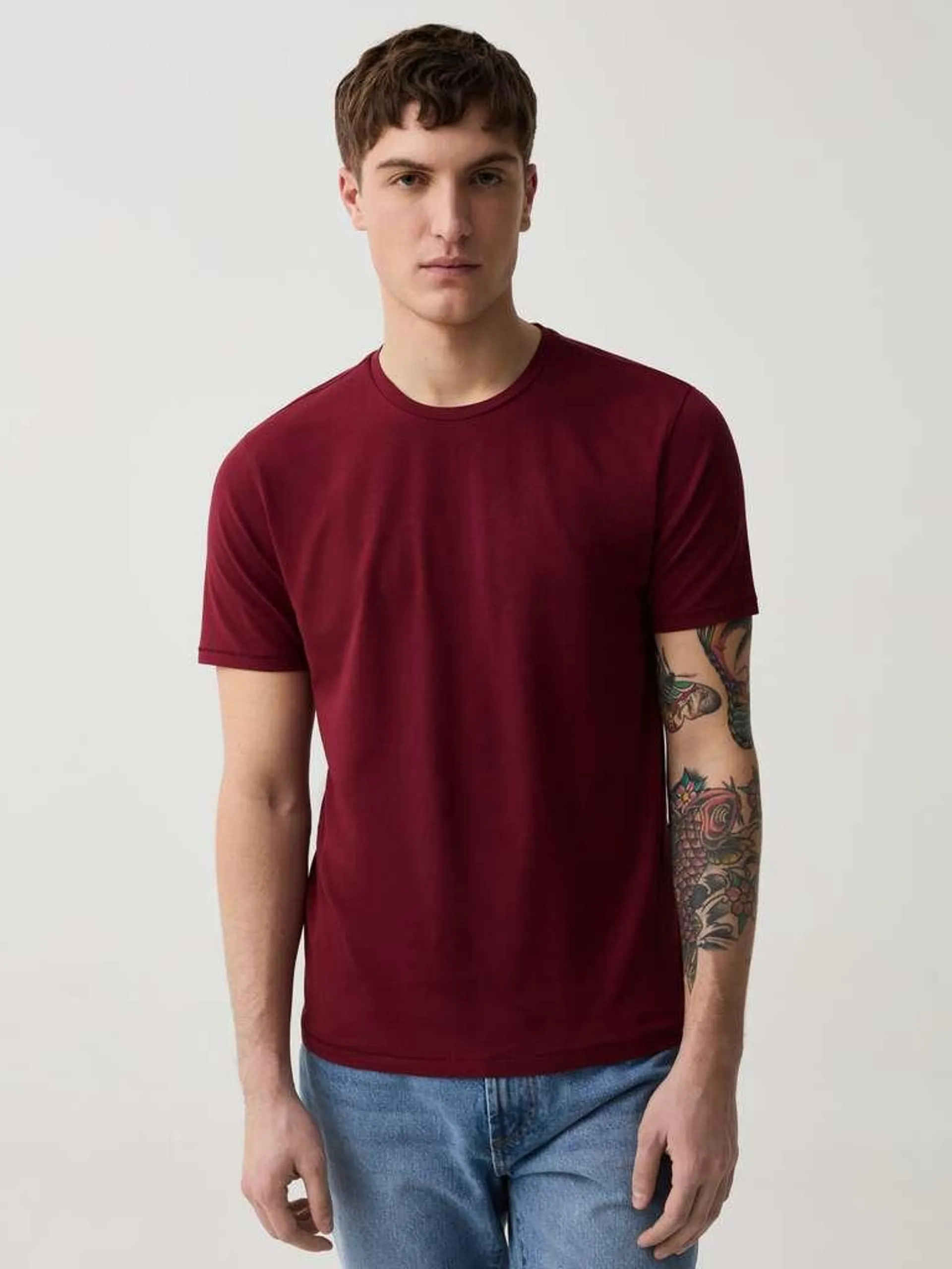 Slim-fit T-shirt in stretch organic cotton Rouge foncé