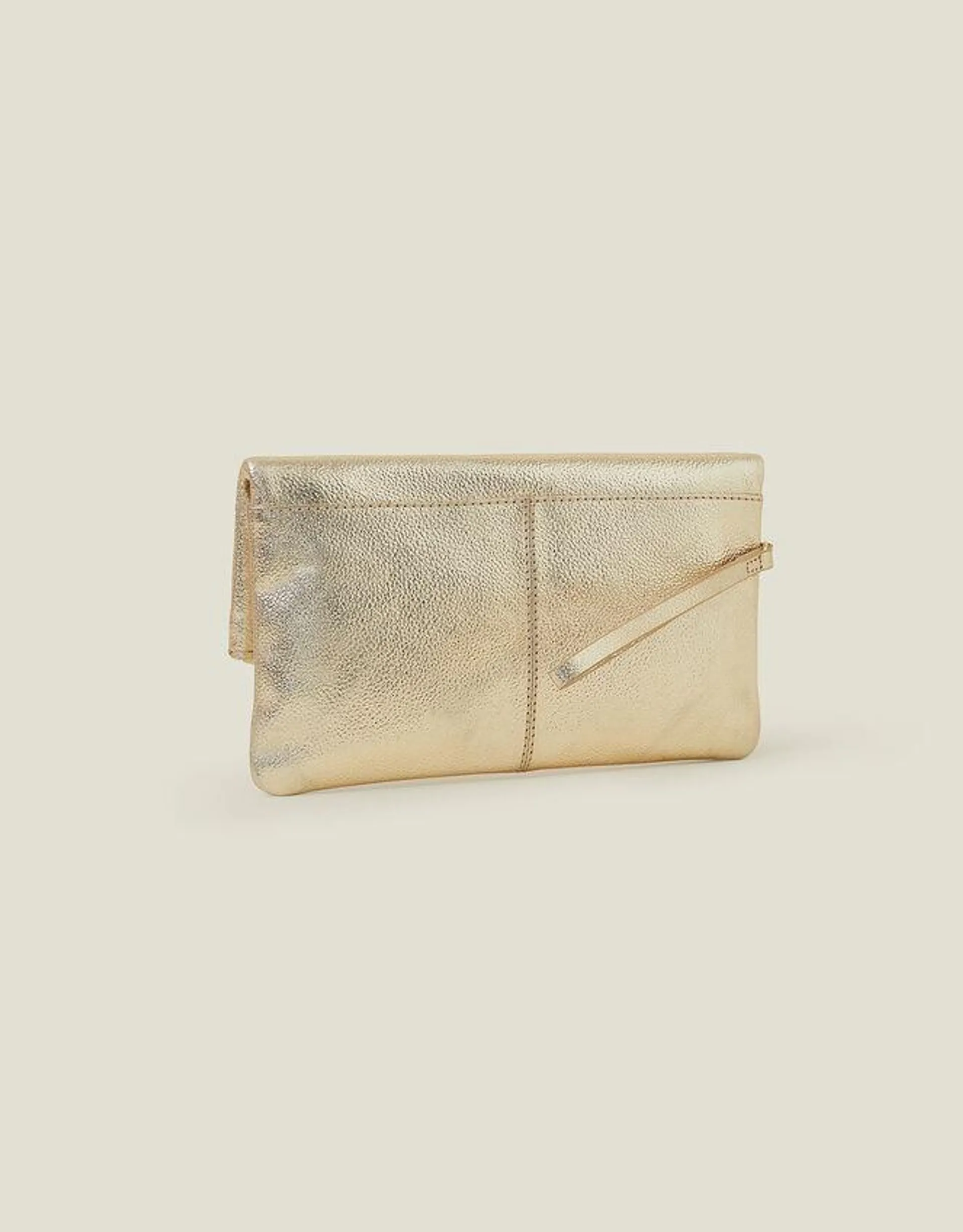 Leather Metallic Fold Over Clutch Gold