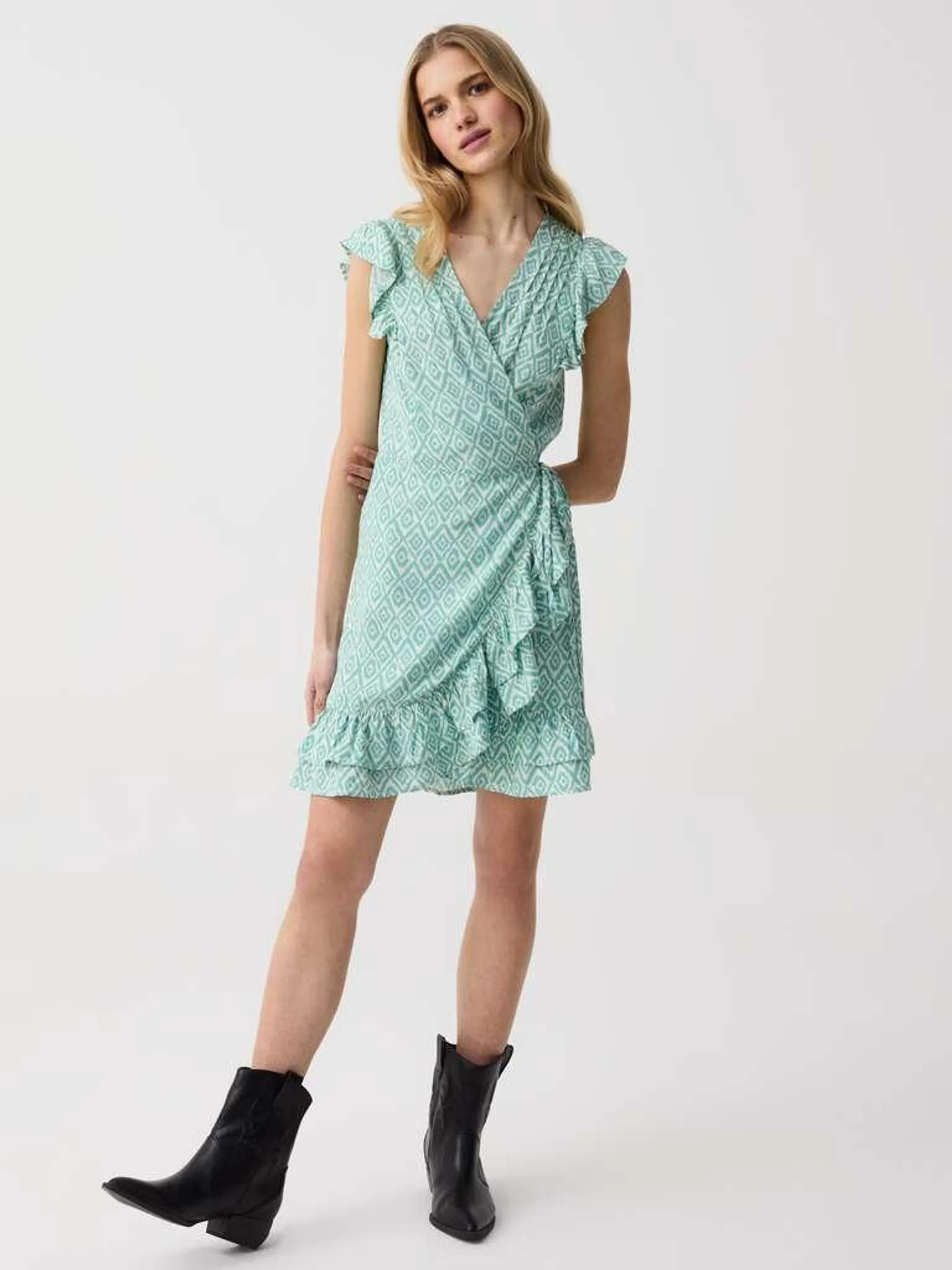 Wrap dress with frills Blanc/vert