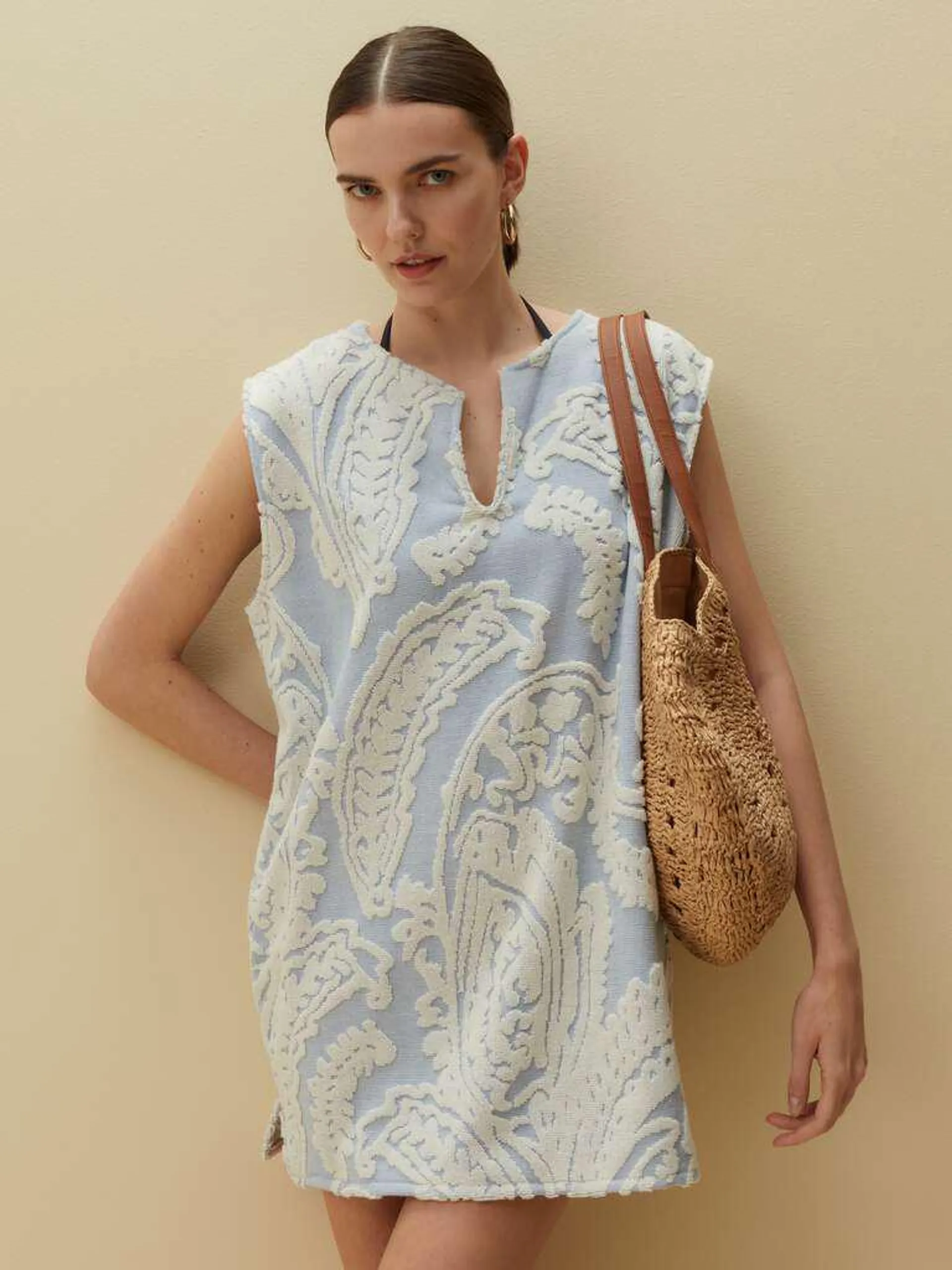 White/Light Blue Beach cover-up dress in terry