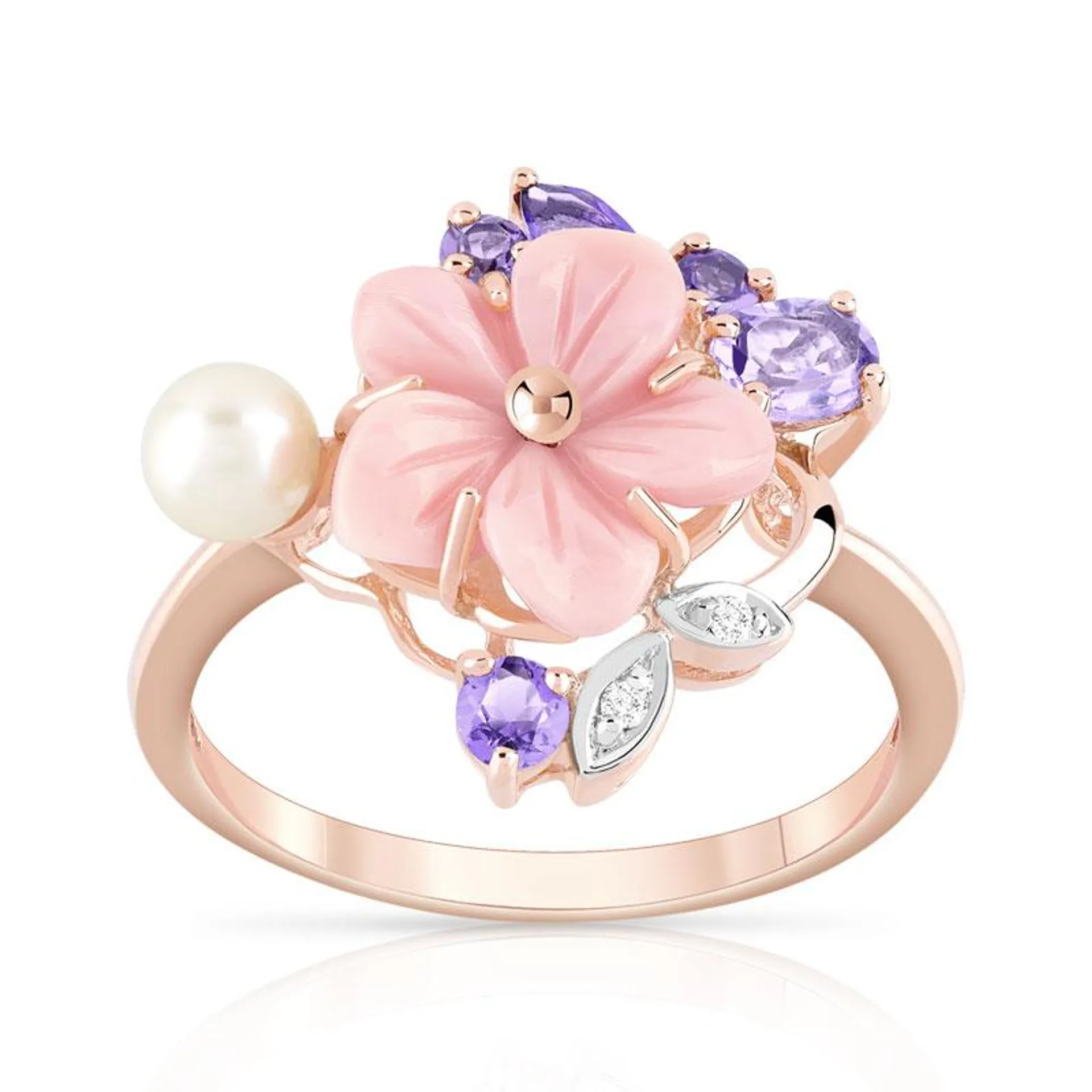 Bague or 375 rose fleur pierres fines diamants perle de culture de Chine et nacre rose