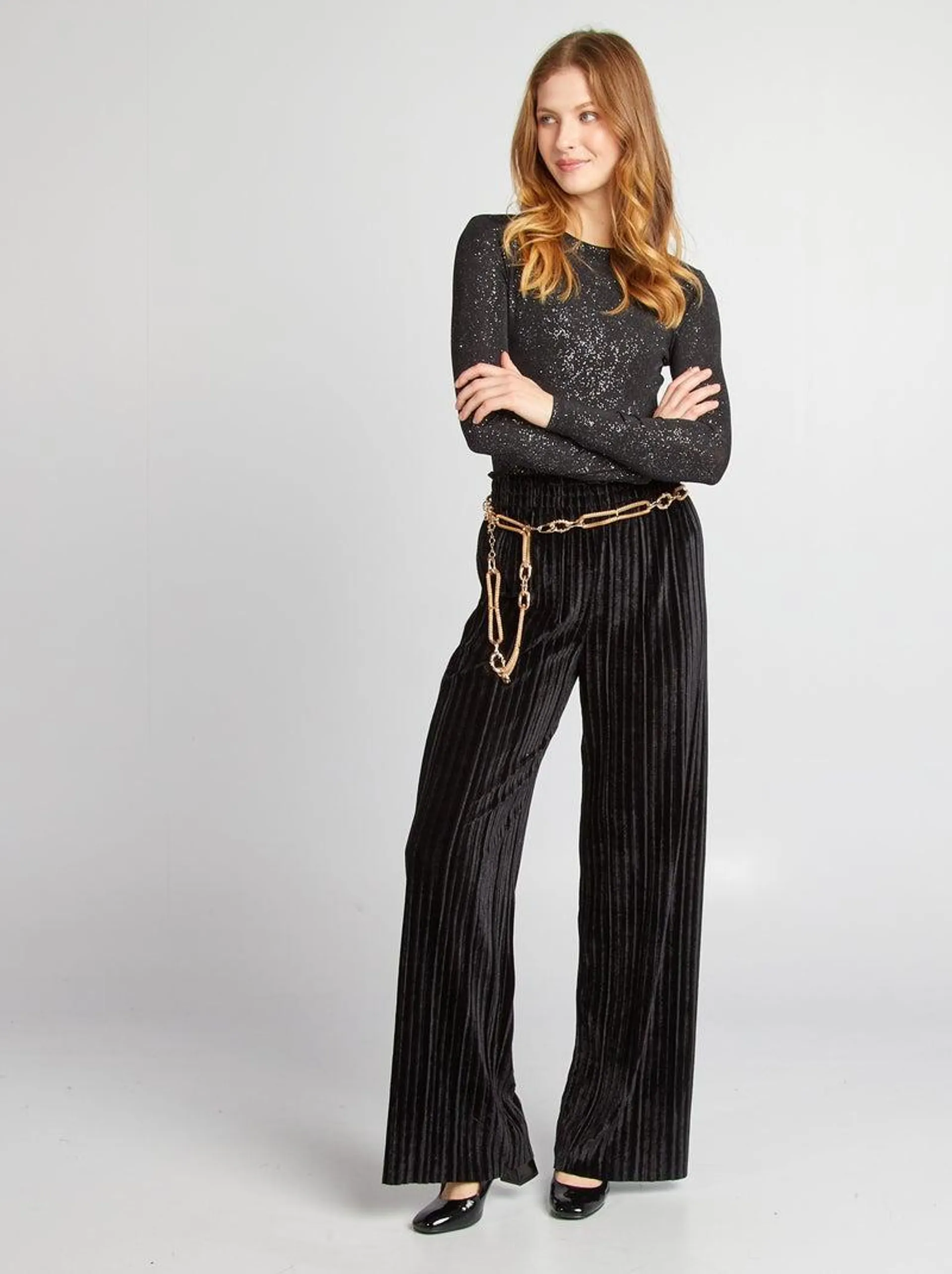 Pantalon large en velours plissé - noir