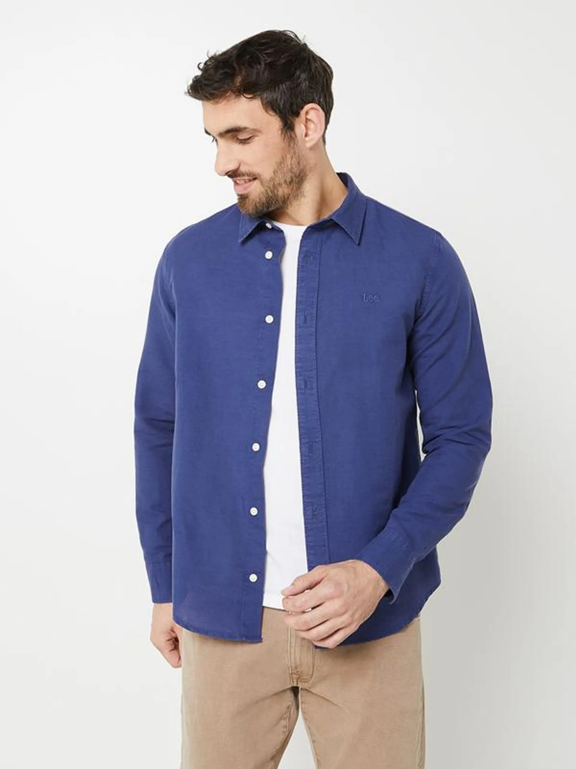 Chemise Manches Longues En Lin Mélangé, Signature Brodée, Coupe Regular - Bleu marine