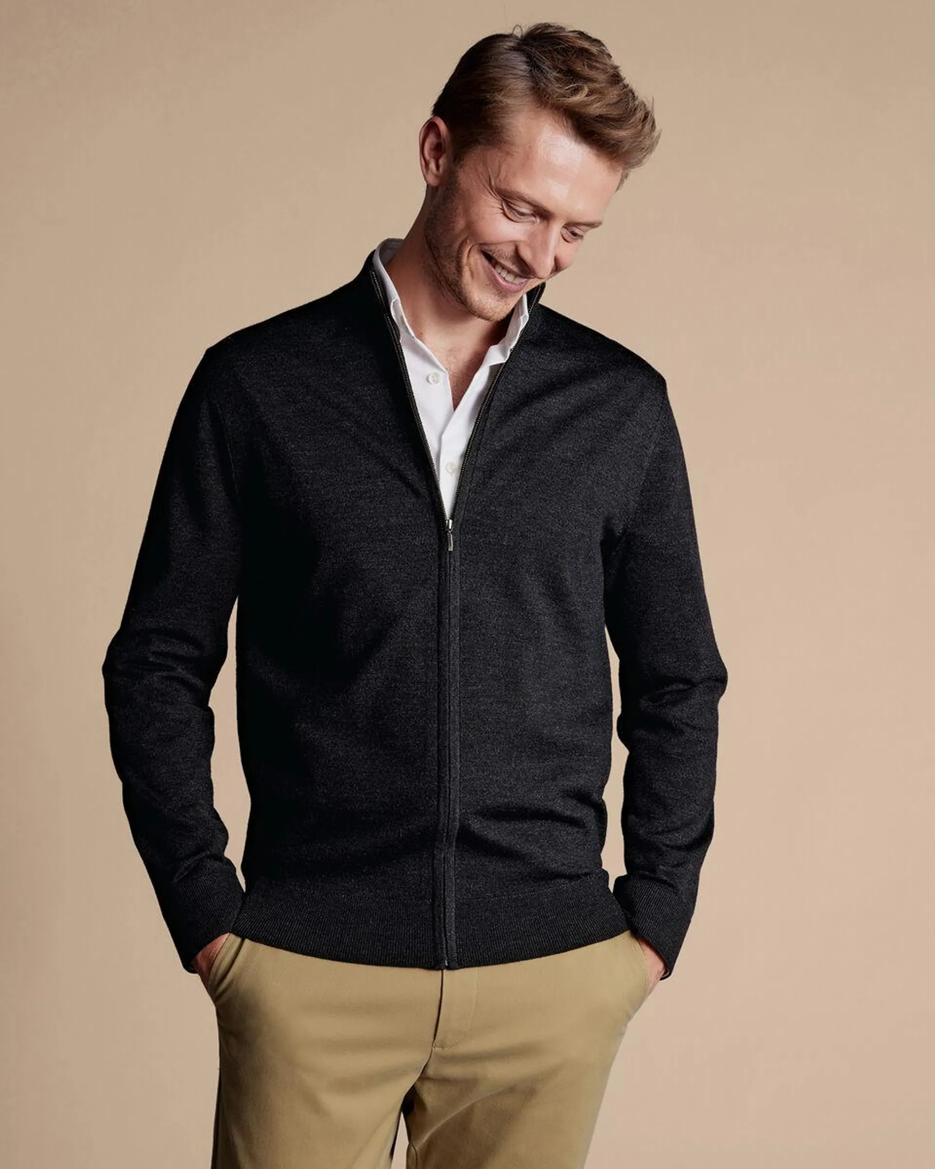 details about product: Pure Merino Full Zip-Through Cardigan - Charcoal Grey