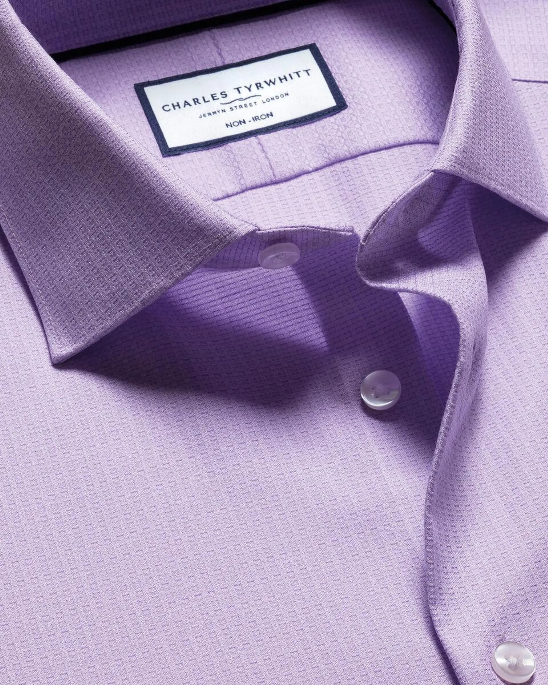 details about product: Semi-Cutaway Collar Non-Iron Stretch Texture Grid Shirt - Lilac Purple