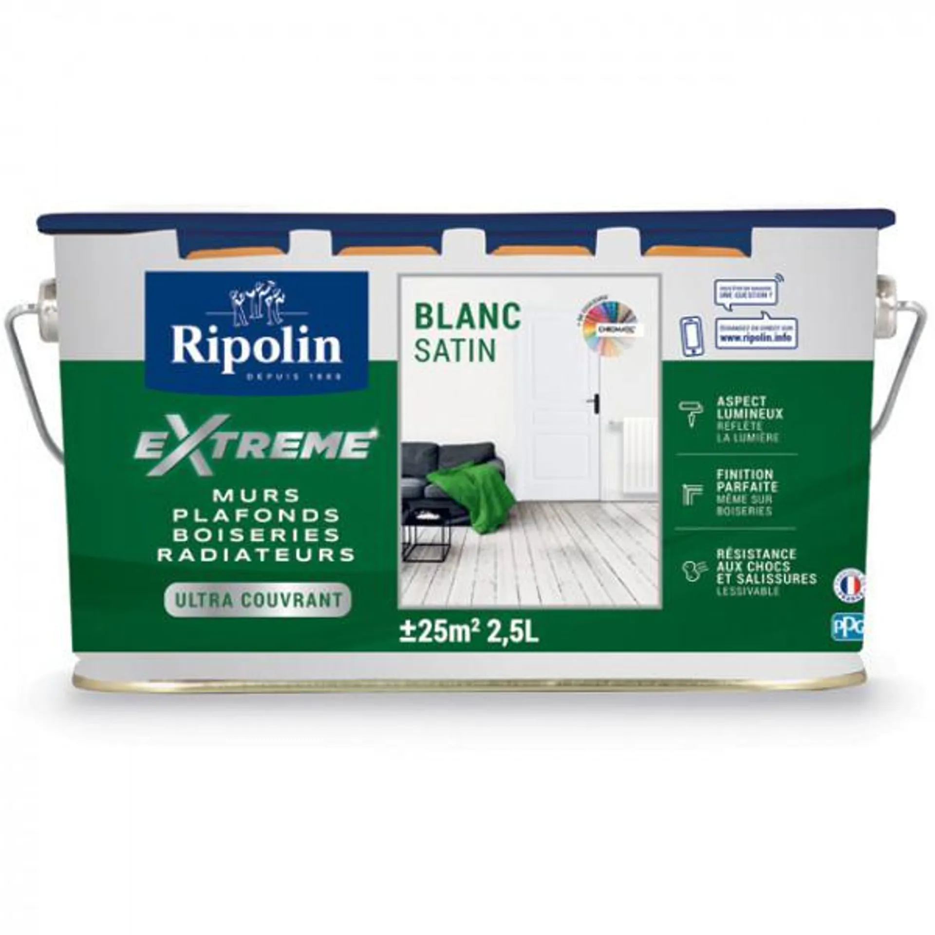 Peinture Ripolin extrême multi-supports murs, plafonds, boiseries et radiateurs blanc satin 2,5L