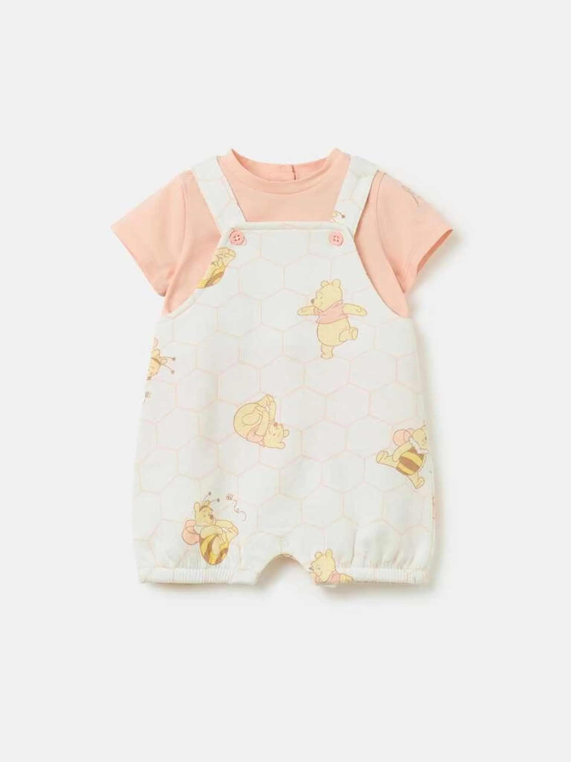 Winnie the Pooh T-shirt and dungarees set in organic cotton Blanc/rose