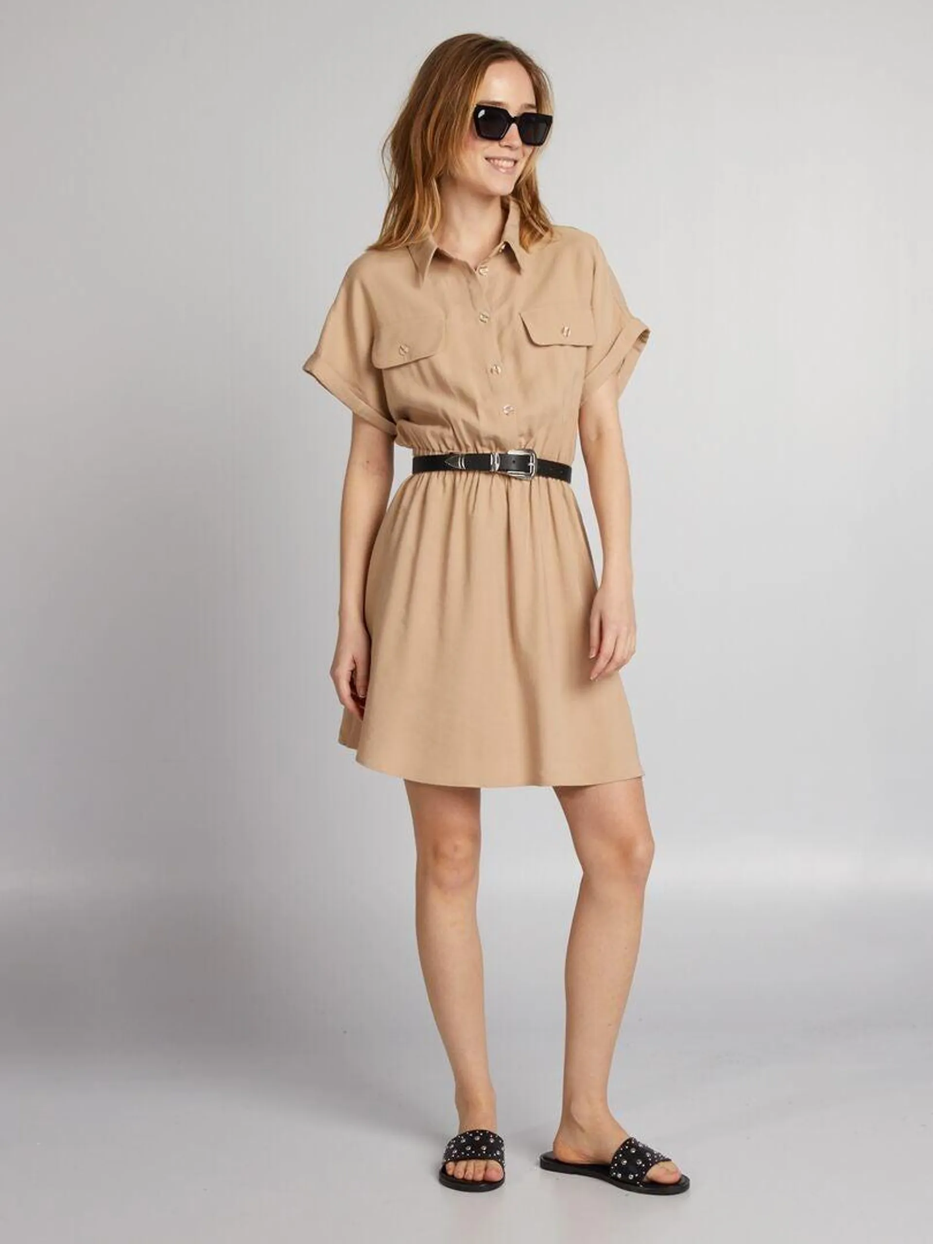 Robe chemise élastiquée - Beige