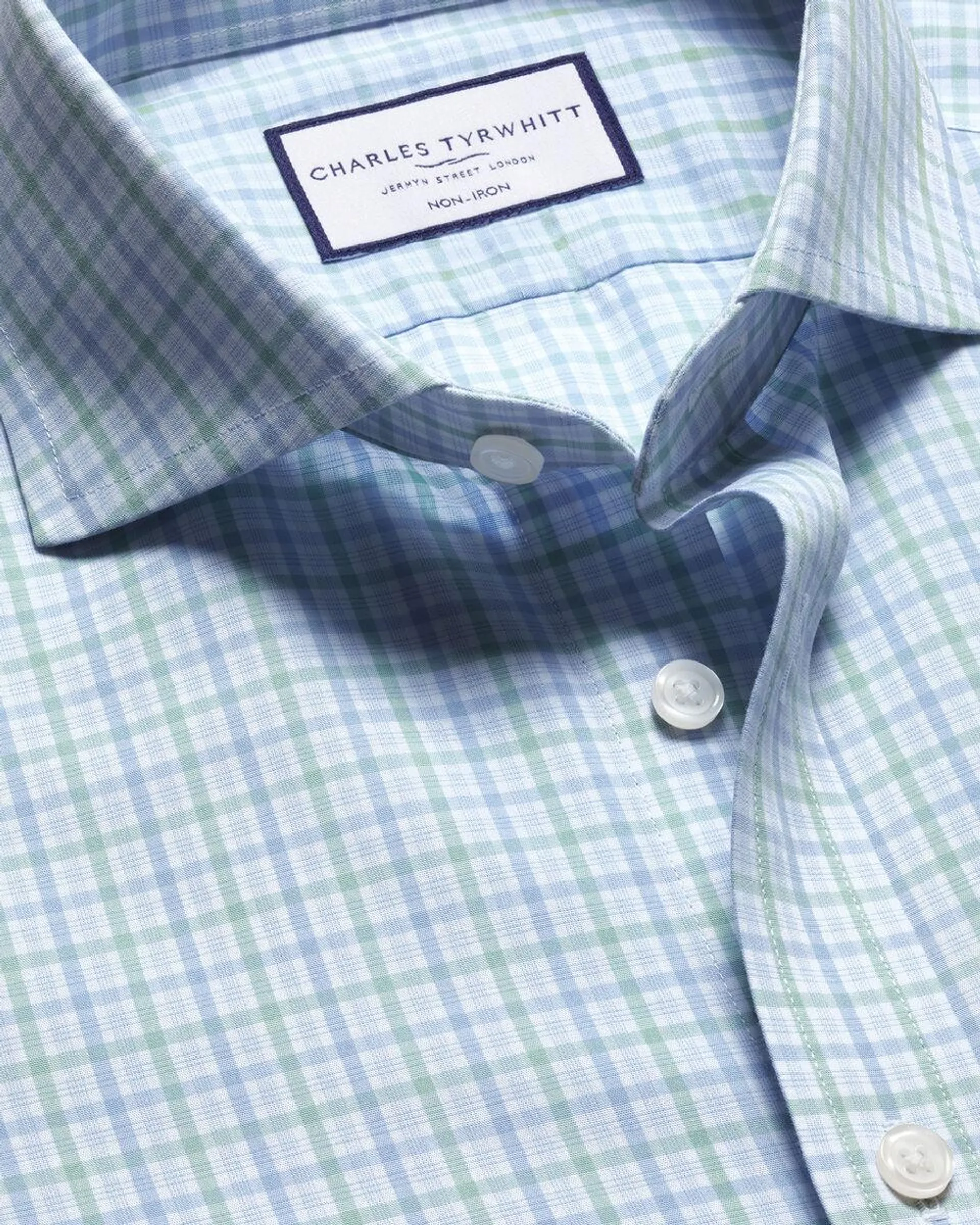 details about product: Cutaway Collar Non-Iron Poplin Check Shirt - Green & Sky