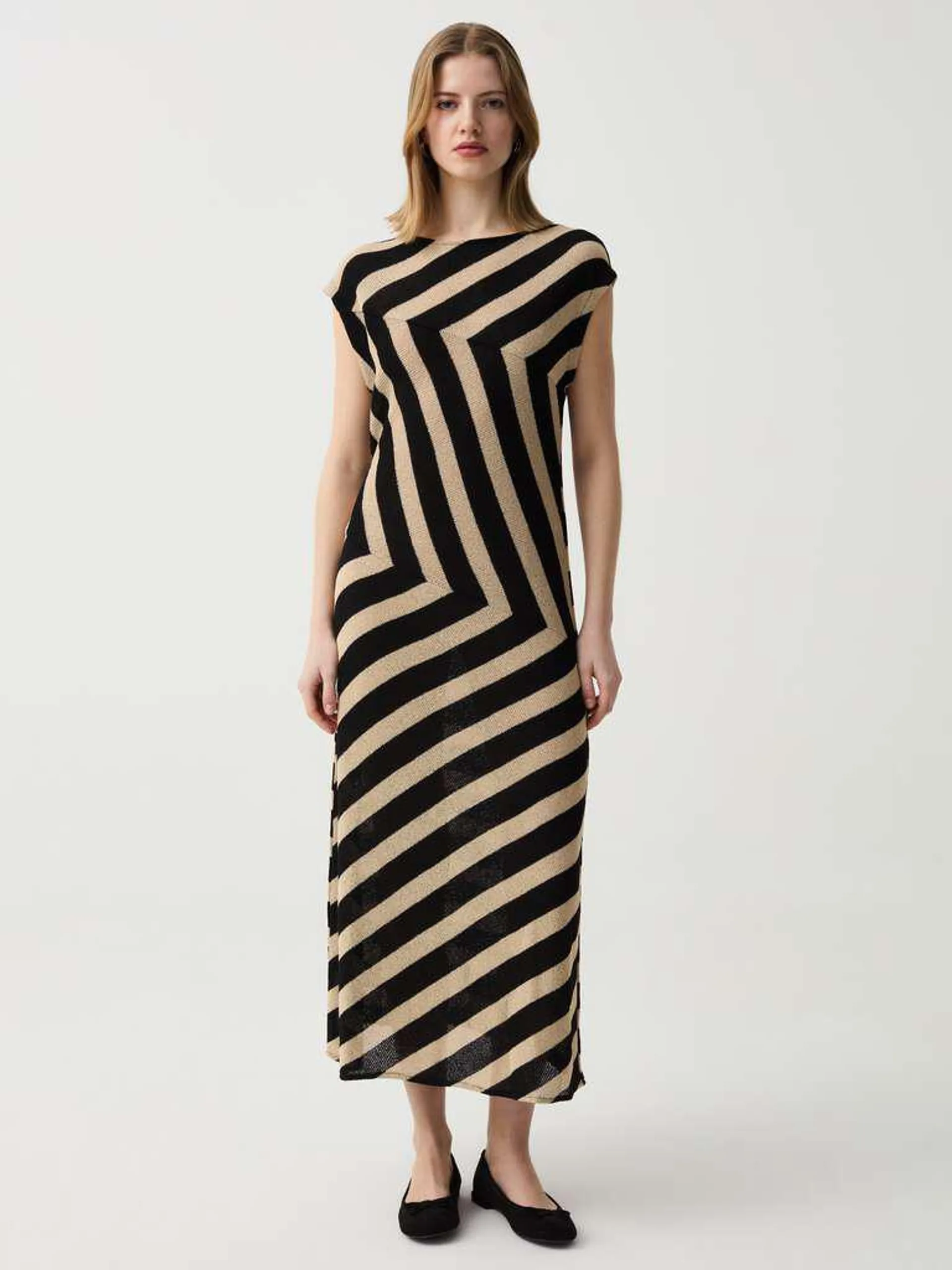 Long sleeveless dress with stripes Noir/beige